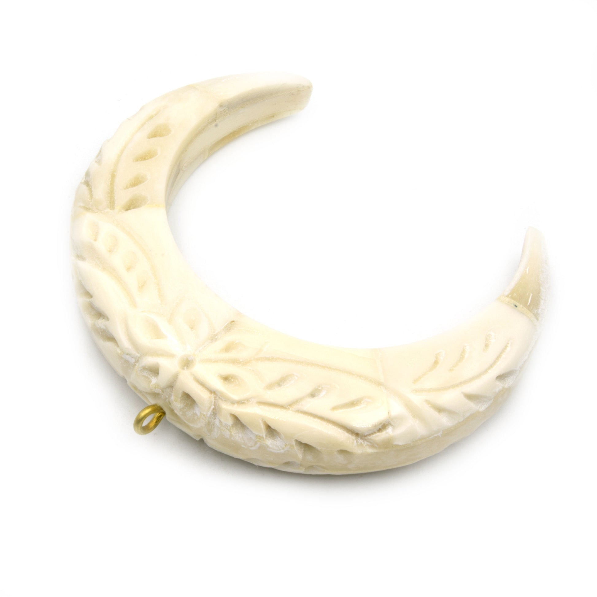Bone Pendant | Floral Carved Crescent Pendant | White Brown Crescents | Ox Bone Focal Pendant