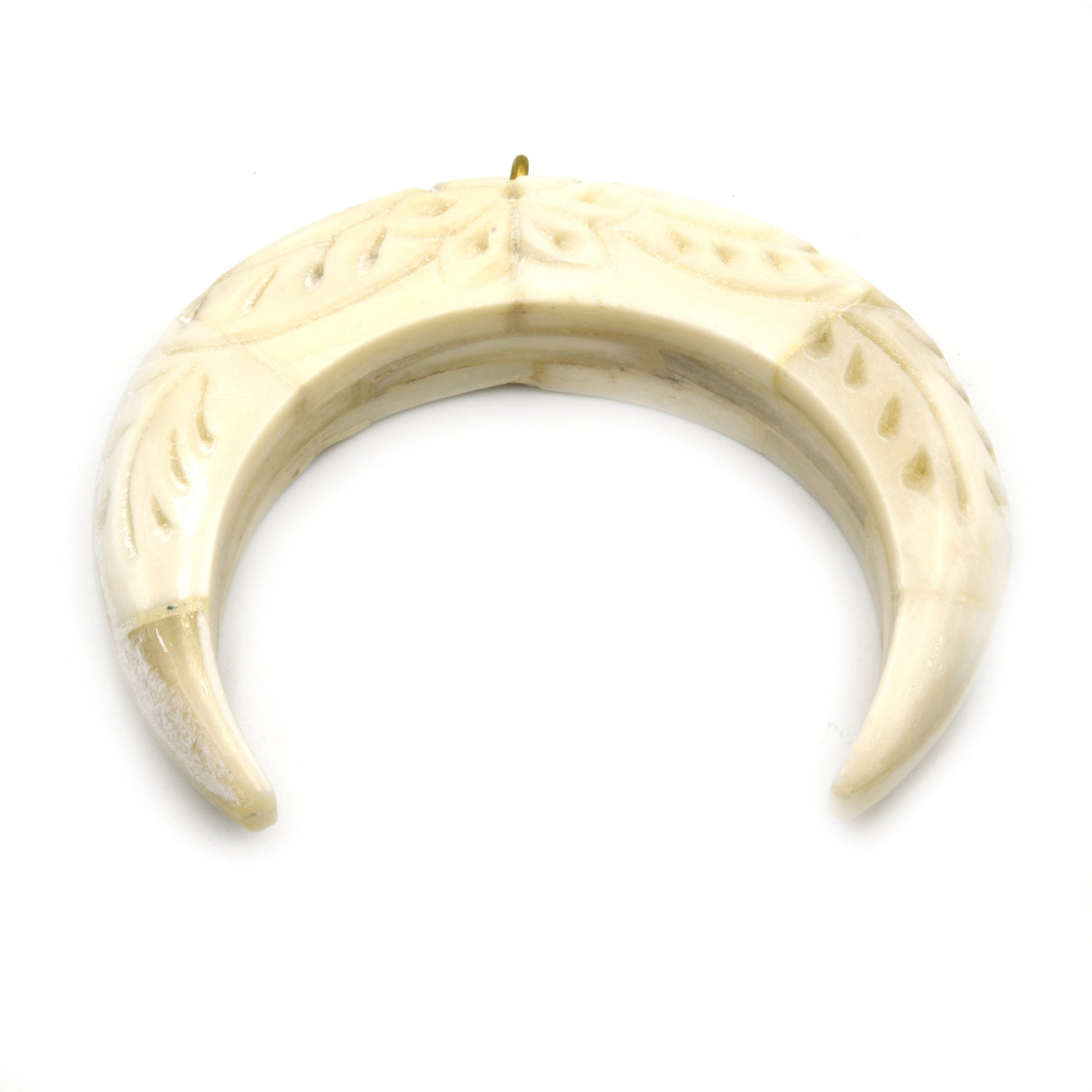 Bone Pendant | Floral Carved Crescent Pendant | White Brown Crescents | Ox Bone Focal Pendant