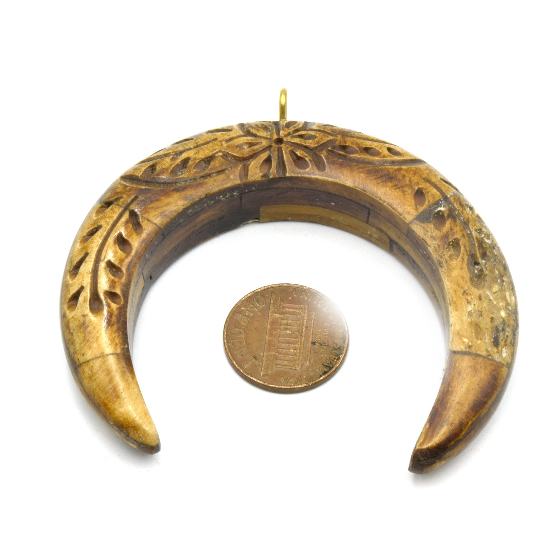 Bone Pendant | Floral Carved Crescent Pendant | White Brown Crescents | Ox Bone Focal Pendant