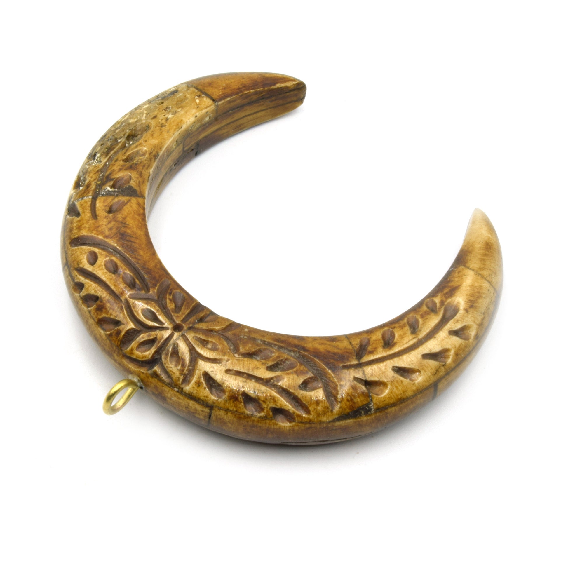 Bone Pendant | Floral Carved Crescent Pendant | White Brown Crescents | Ox Bone Focal Pendant
