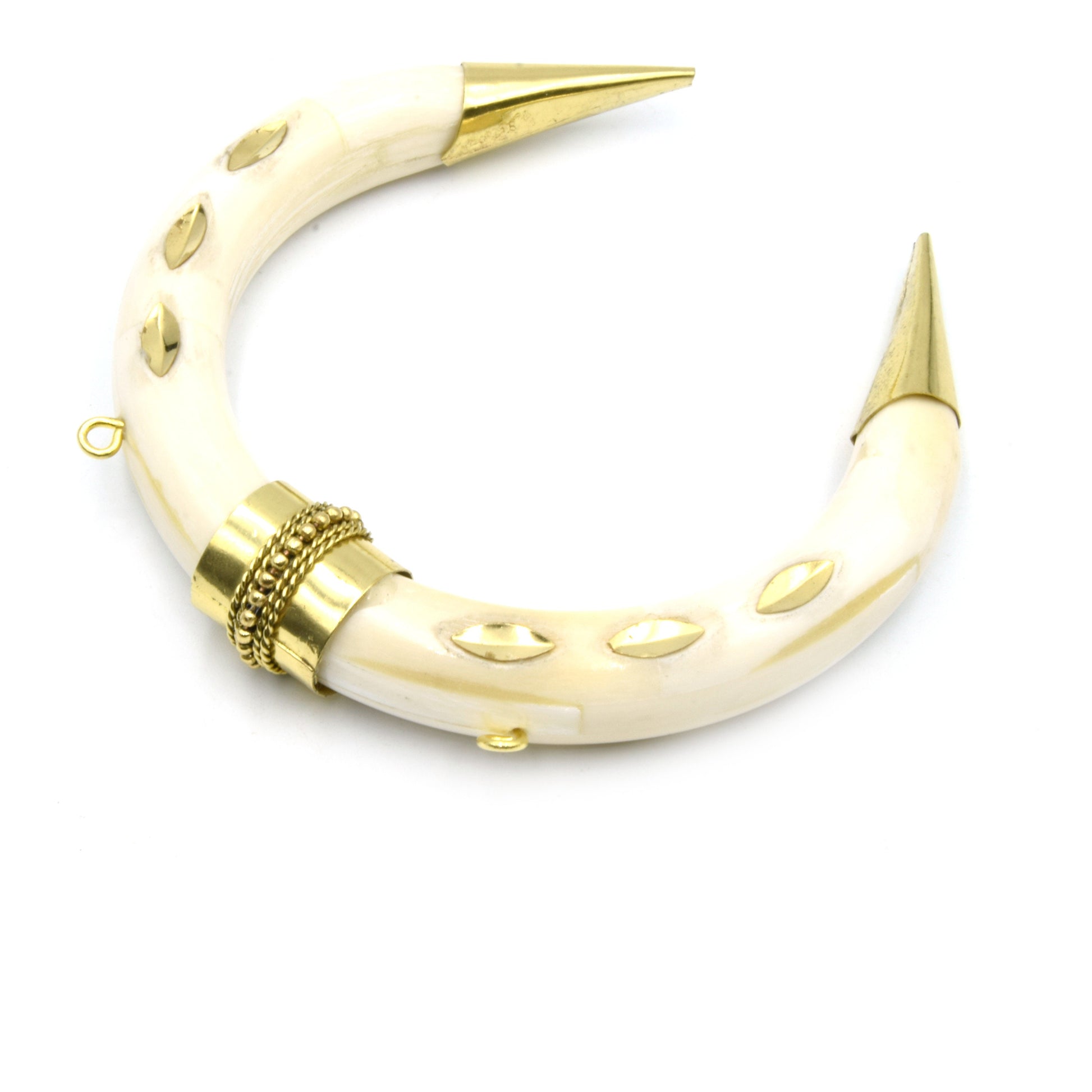 Bone Pendant | Crescent Shaped Pendant | Gold Marquise Inlay And Ring Caps | Ox Bone Focal Pendant | Horn Crescent Pendant