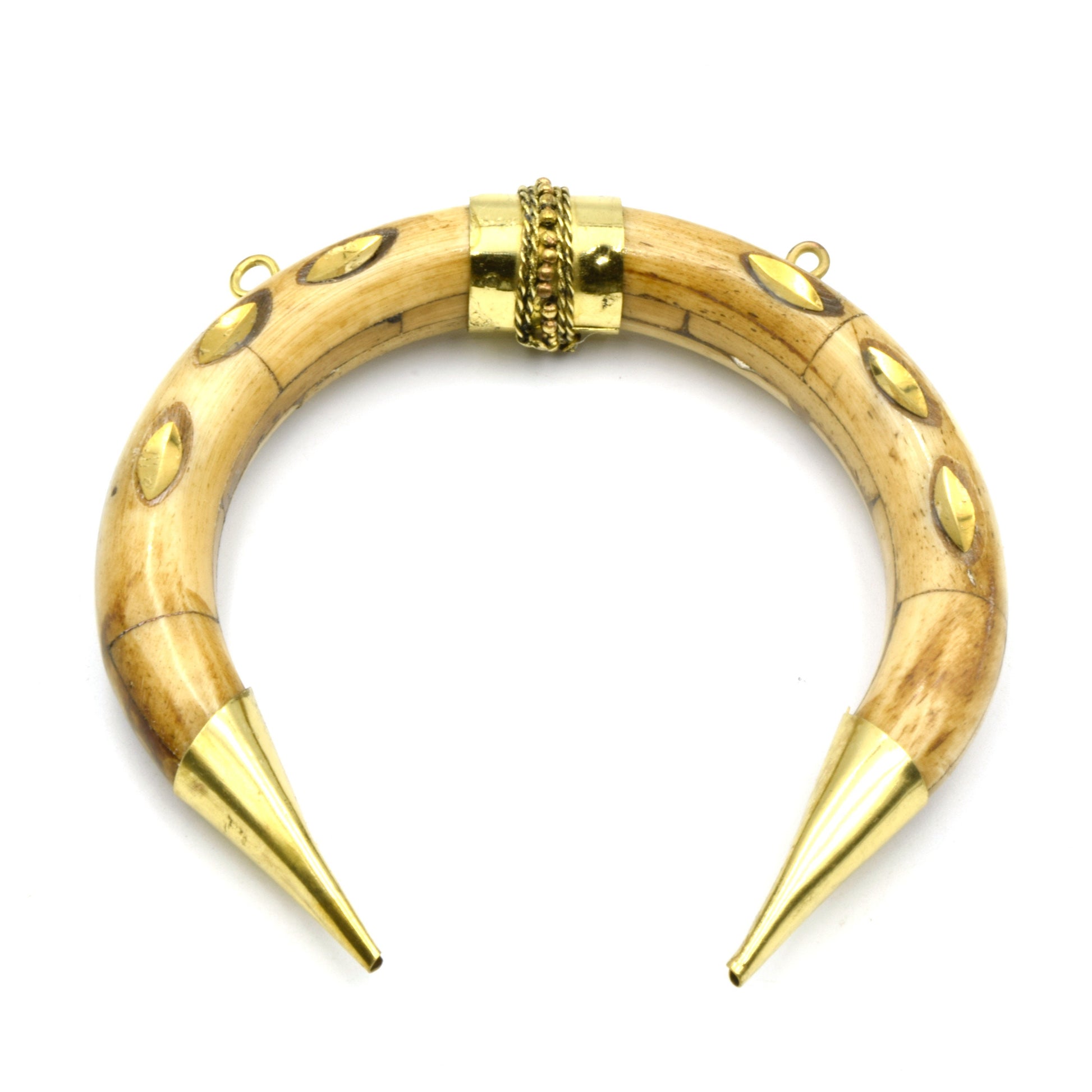 Bone Pendant | Crescent Shaped Pendant | Gold Marquise Inlay And Ring Caps | Ox Bone Focal Pendant | Horn Crescent Pendant