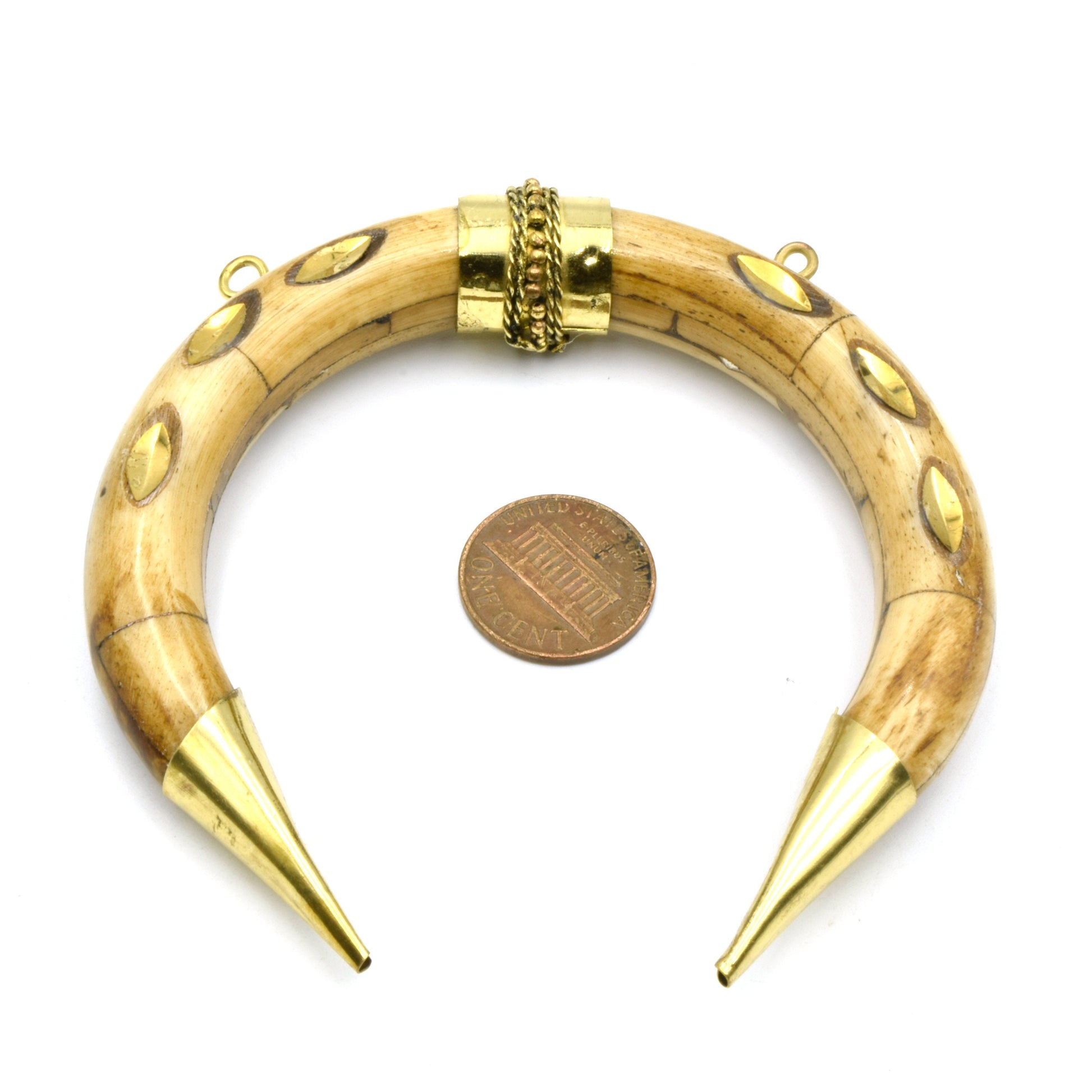 Bone Pendant | Crescent Shaped Pendant | Gold Marquise Inlay And Ring Caps | Ox Bone Focal Pendant | Horn Crescent Pendant