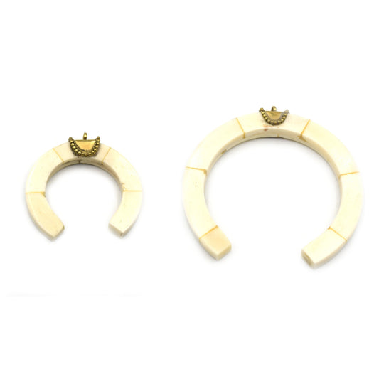 Bone Pendant | Flat Edged White Crescent Pendant With Dotted Saddle Style Gold Bail | 2.25 and 3.25 Inch  | Ox Bone Focal Pendant