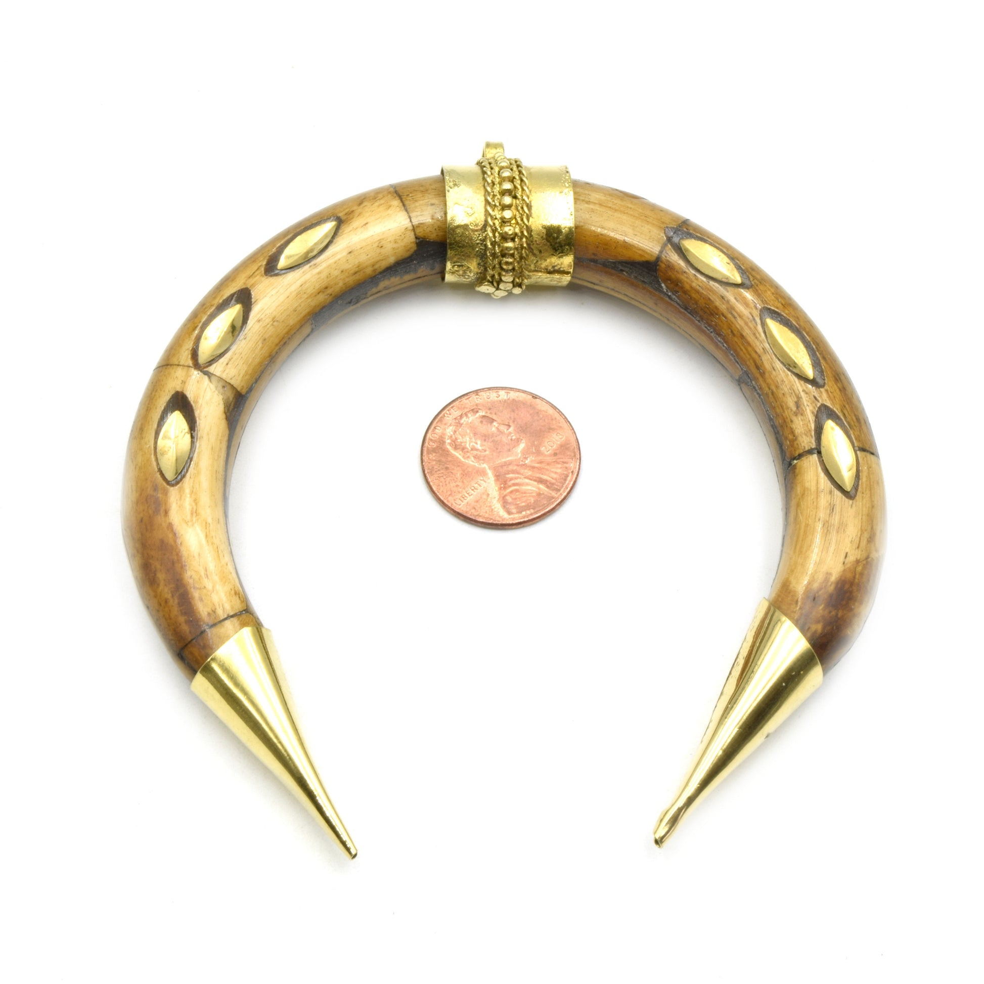 Bone Pendant | Gold Marquise Inlay Crescent  | OX Bone Focal Pendant | Horn Pendant | White Crescent Brown Crescent