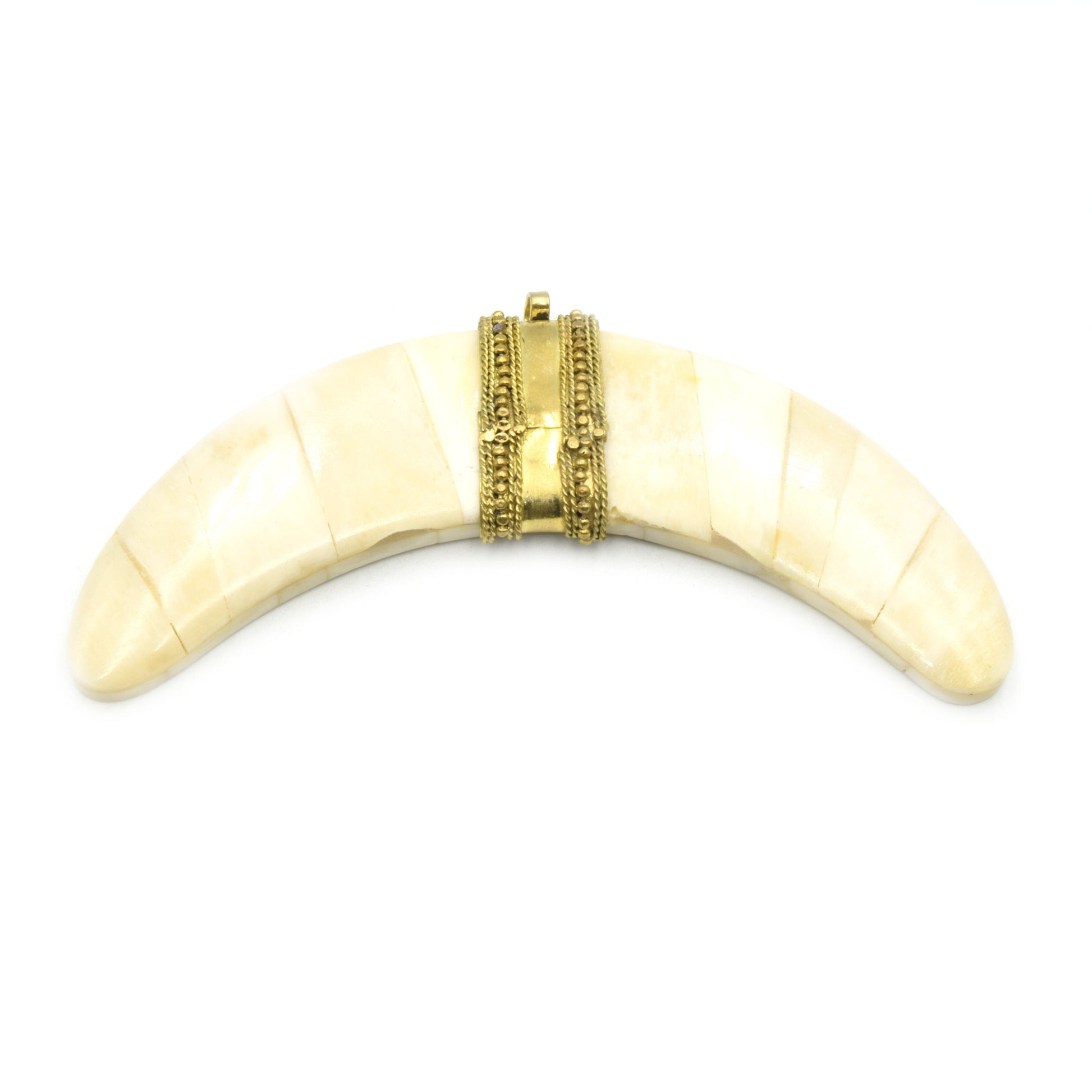 Flat Banana Crescent | Ox Bone Focal Pendant | Fancy Dotted Gold Bail | White Crescent Brown Crescent