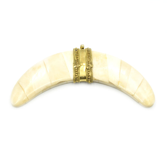 Flat Banana Crescent | Ox Bone Focal Pendant | Fancy Dotted Gold Bail | White Crescent Brown Crescent