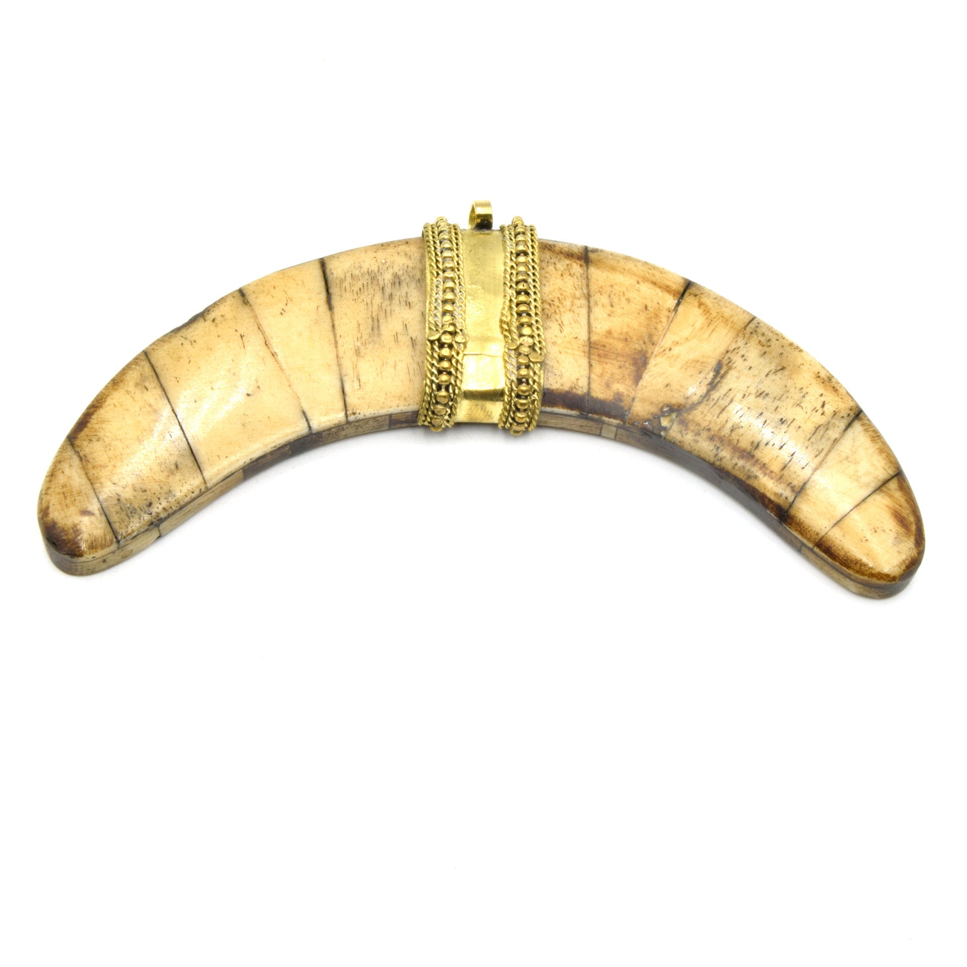 Flat Banana Crescent | Ox Bone Focal Pendant | Fancy Dotted Gold Bail | White Crescent Brown Crescent