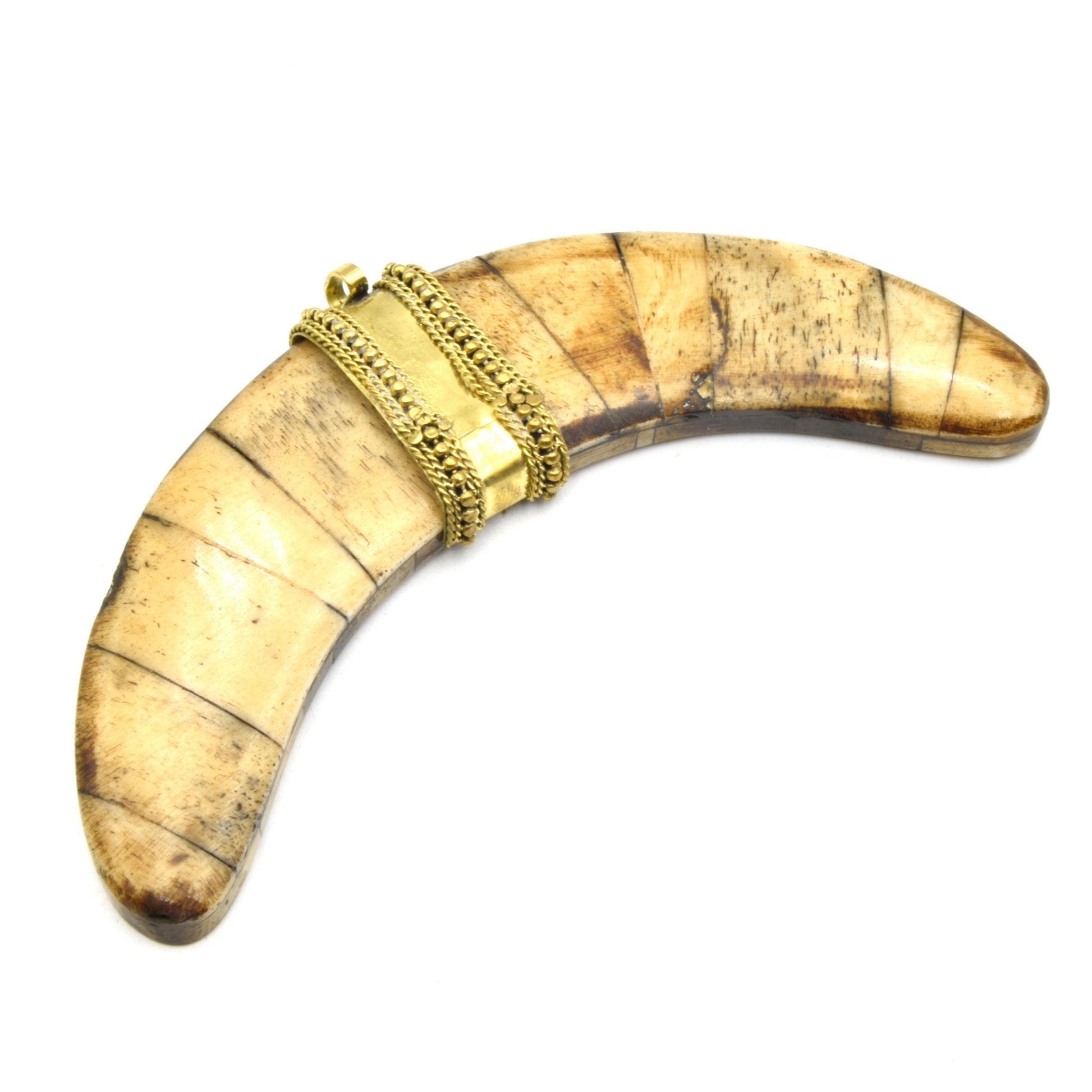 Flat Banana Crescent | Ox Bone Focal Pendant | Fancy Dotted Gold Bail | White Crescent Brown Crescent