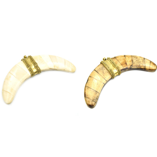 Flat Banana Crescent | Ox Bone Focal Pendant | Fancy Dotted Gold Bail | White Crescent Brown Crescent