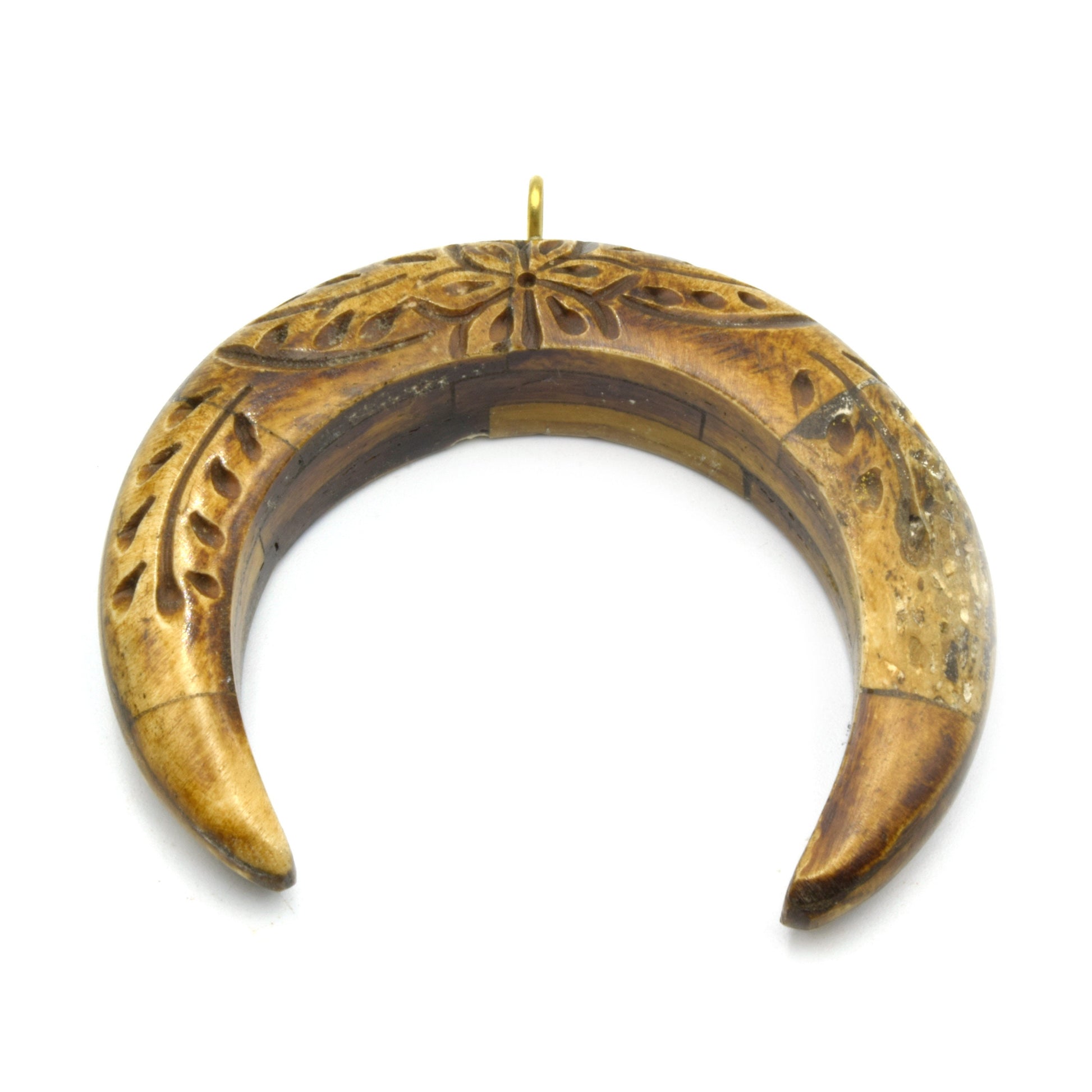 Bone Pendant | Floral Carved Crescent Pendant | White Brown Crescents | Ox Bone Focal Pendant