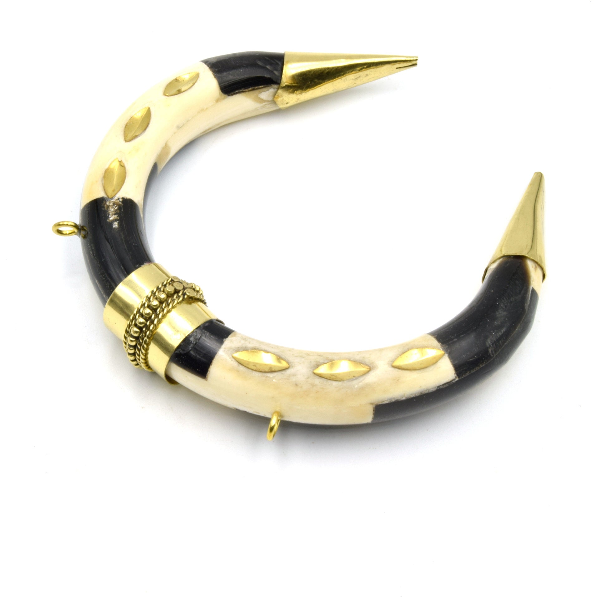 Bone Pendant | Crescent Shaped Pendant | Gold Marquise Inlay And Ring Caps | Ox Bone Focal Pendant | Horn Crescent Pendant