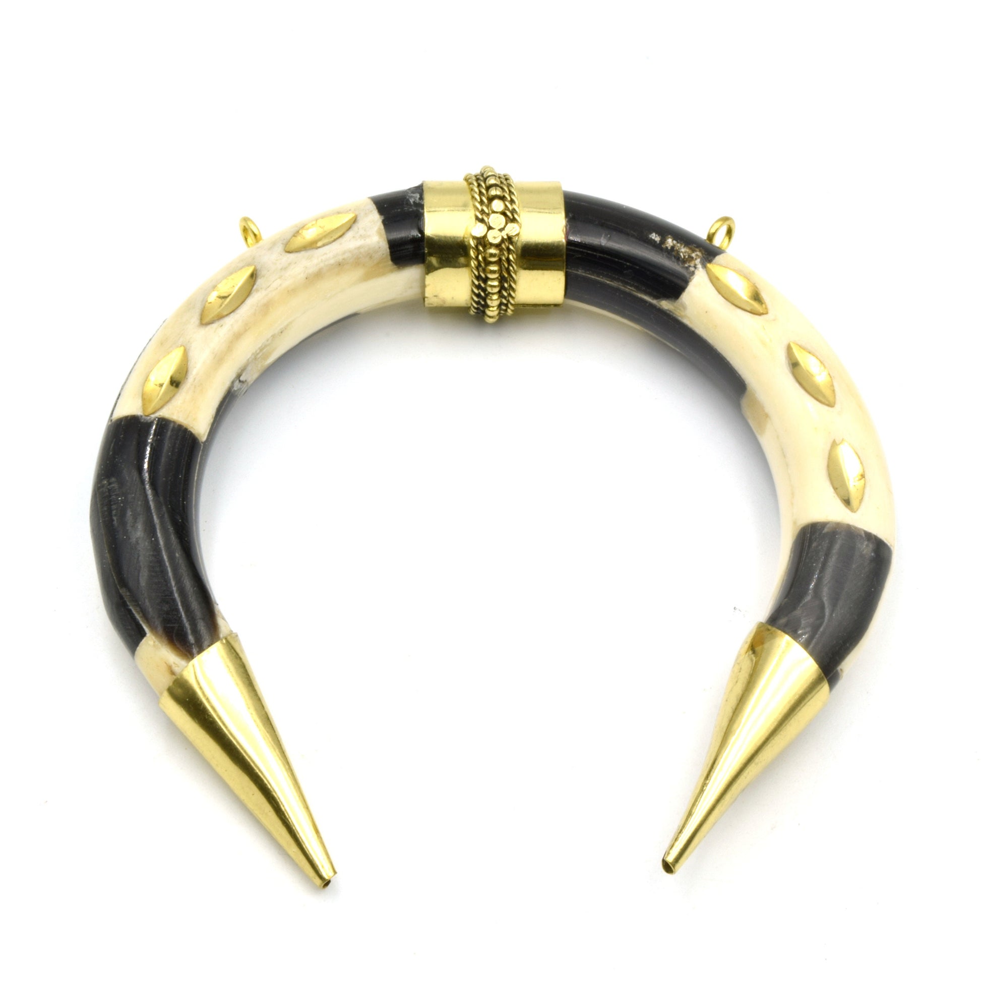 Bone Pendant | Crescent Shaped Pendant | Gold Marquise Inlay And Ring Caps | Ox Bone Focal Pendant | Horn Crescent Pendant