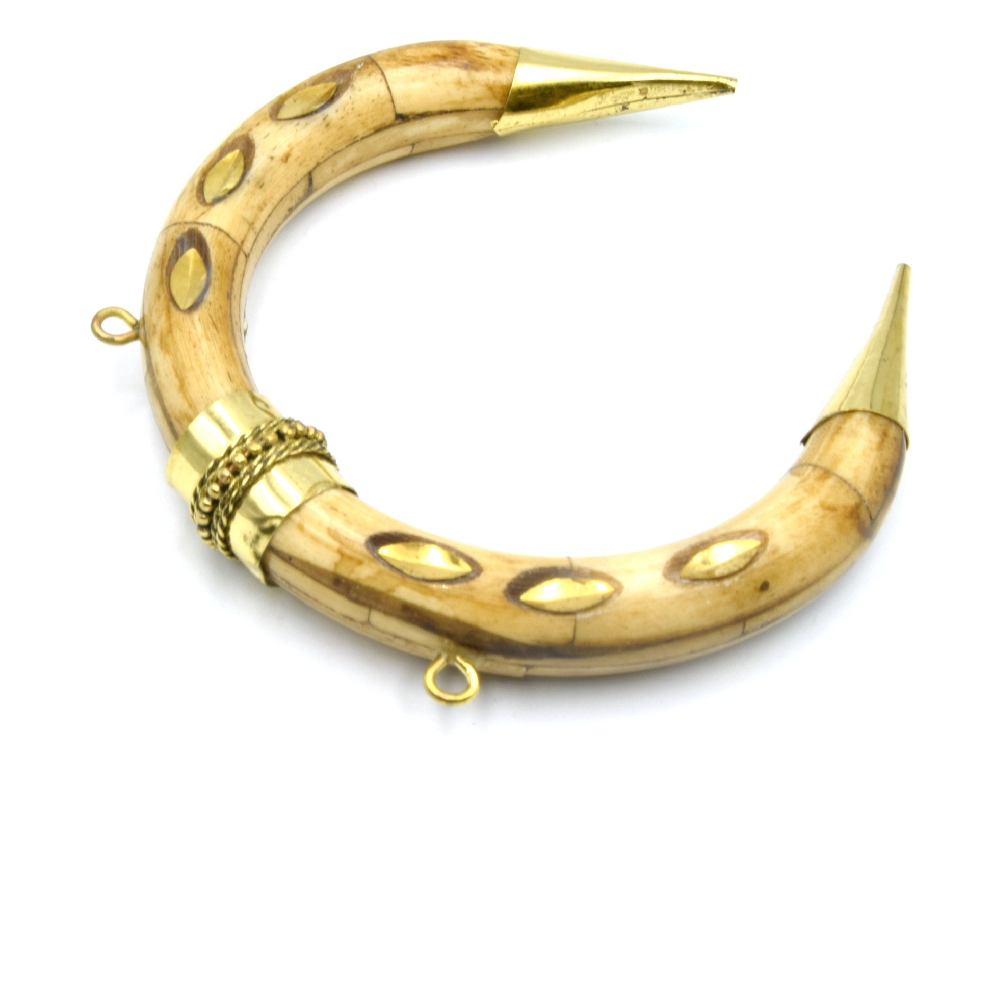 Bone Pendant | Crescent Shaped Pendant | Gold Marquise Inlay And Ring Caps | Ox Bone Focal Pendant | Horn Crescent Pendant