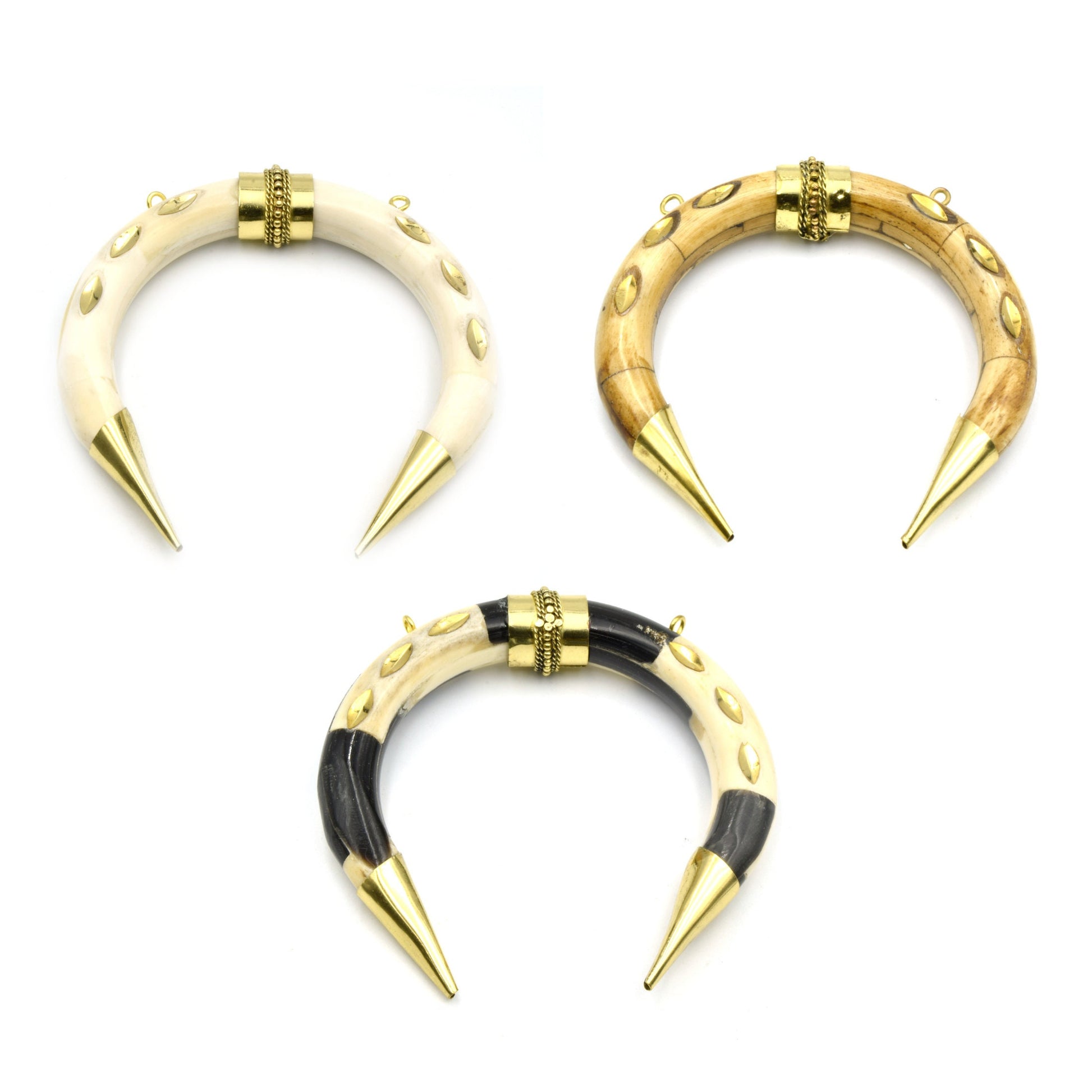 Bone Pendant | Crescent Shaped Pendant | Gold Marquise Inlay And Ring Caps | Ox Bone Focal Pendant | Horn Crescent Pendant