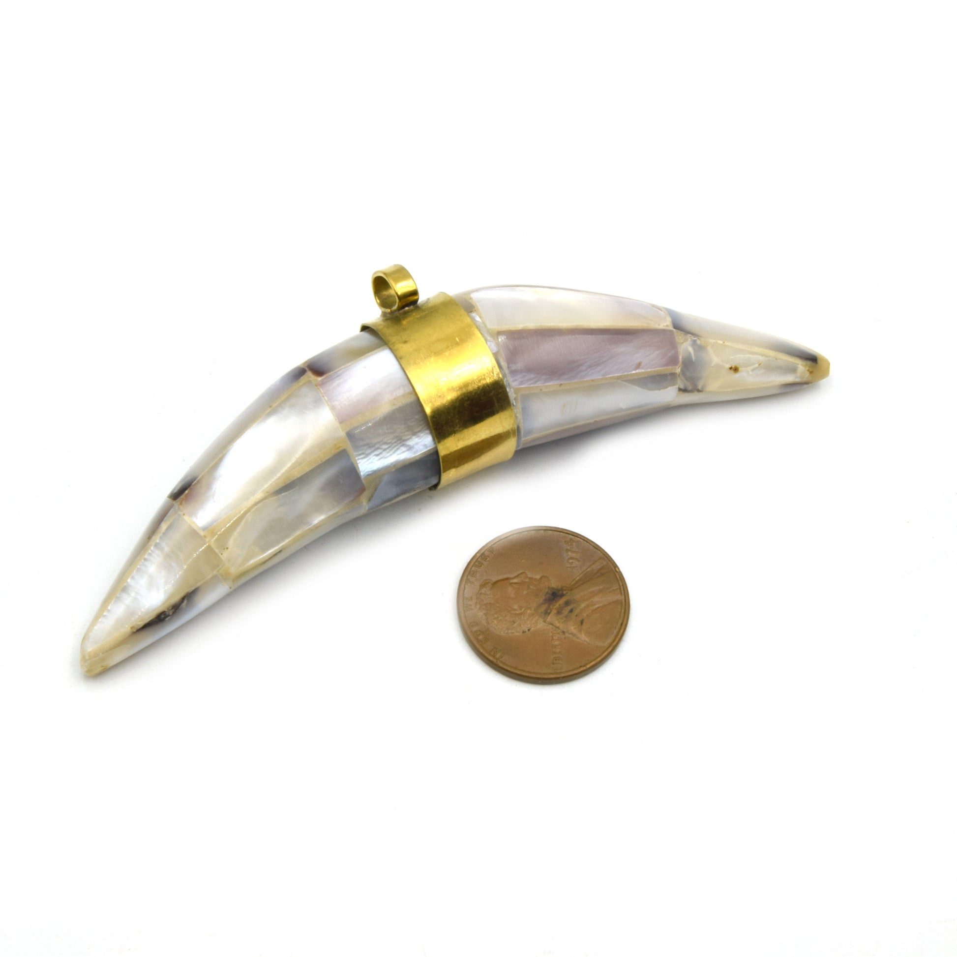 Abalone Banana Crescent Pendant | Thick Tusk Crescent Pendant | Abalone Shell Focal Pendant | White  Gray Rainbow Crescent | Plain Gold Bail