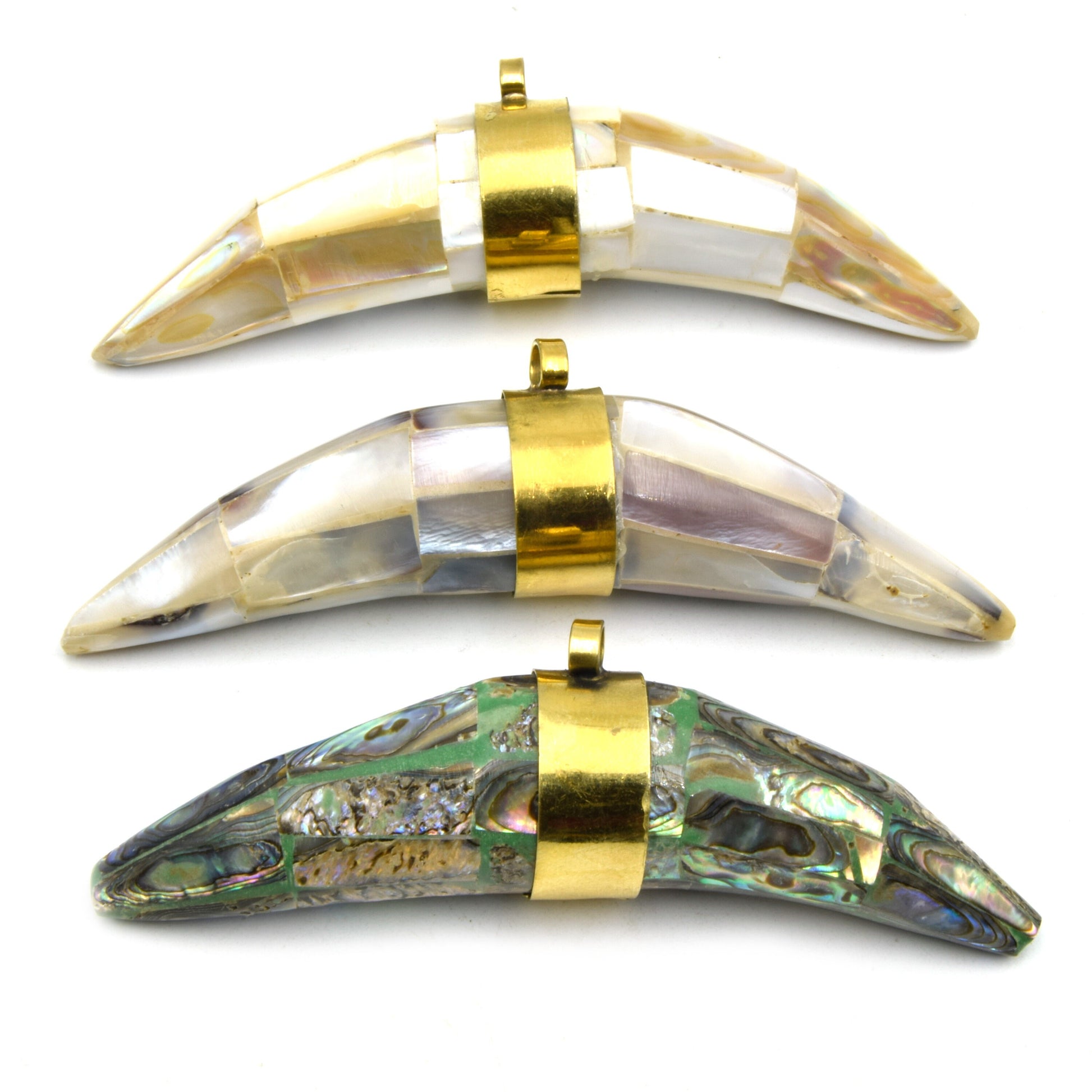 Abalone Banana Crescent Pendant | Thick Tusk Crescent Pendant | Abalone Shell Focal Pendant | White  Gray Rainbow Crescent | Plain Gold Bail