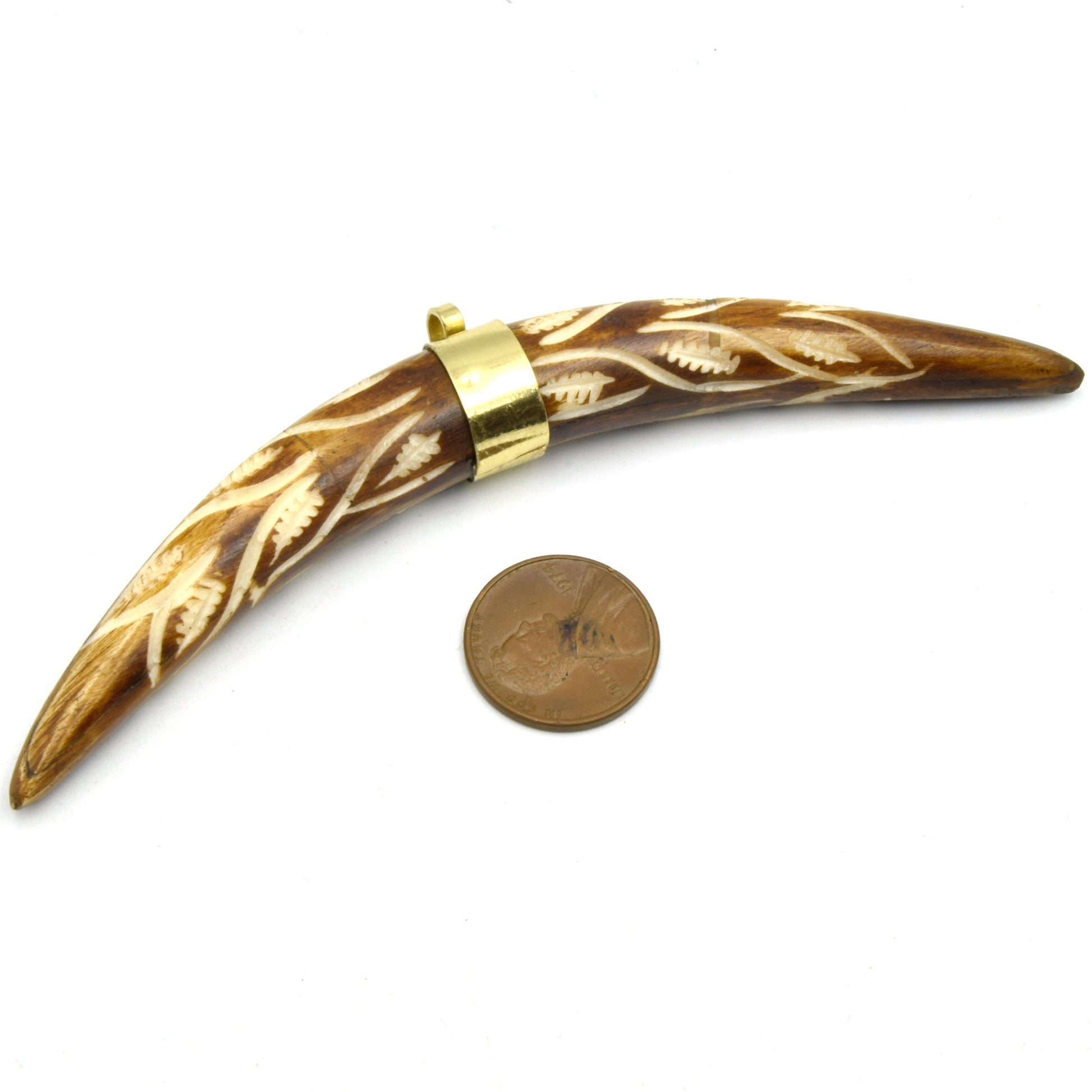 Carved Banana Crescent Pendant | Carved Skinny Tusk Pendant | Brown Ox Bone Focal Pendant | Plain Gold Bail Horn Pendant