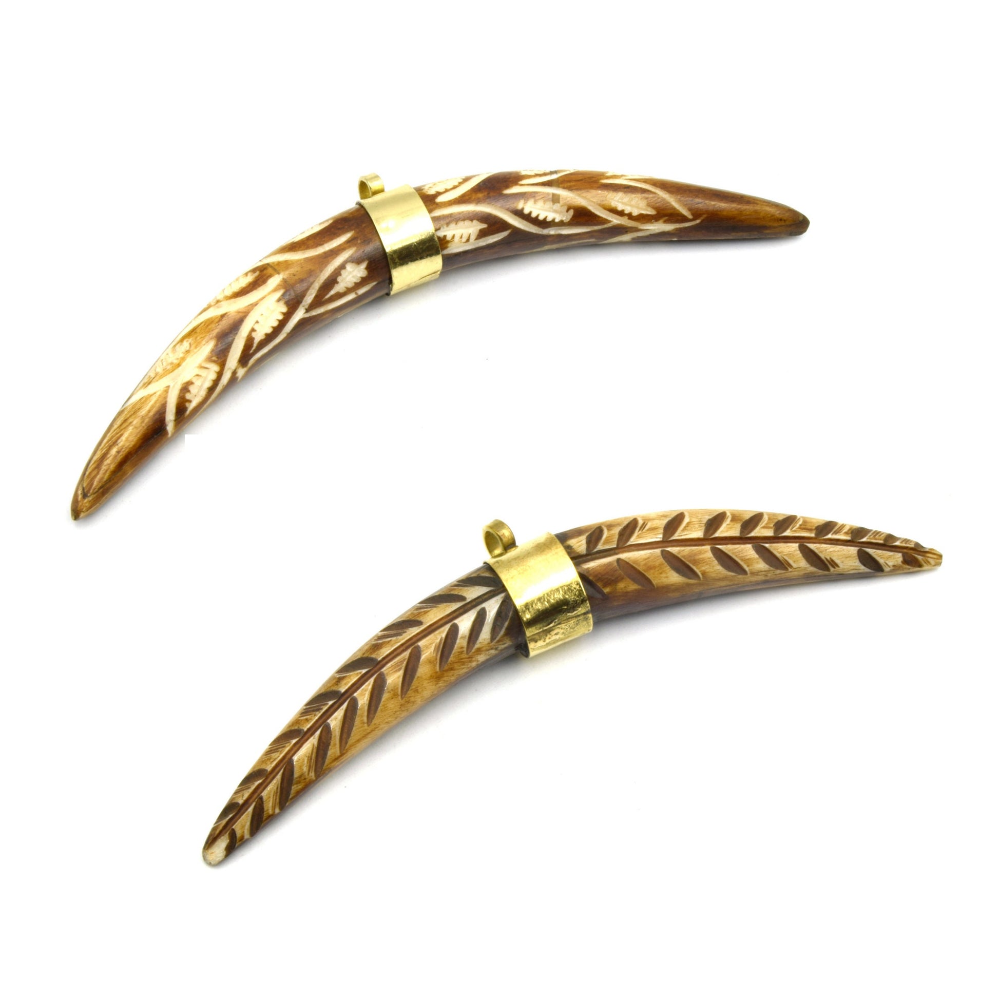 Carved Banana Crescent Pendant | Carved Skinny Tusk Pendant | Brown Ox Bone Focal Pendant | Plain Gold Bail Horn Pendant