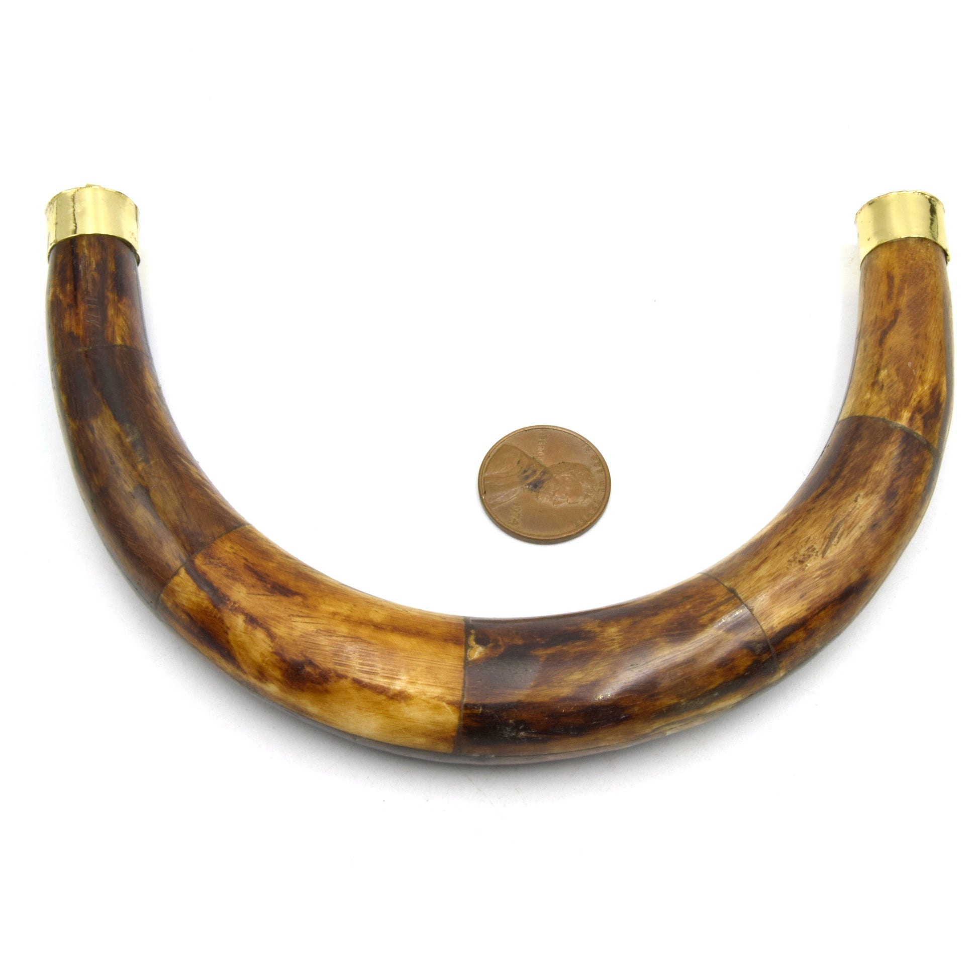 Bone Crescent | Extra Large U-Shaped Crescent Pendant With Gold Capped Bail | Horn Focal Pendant | White And Brown Crescent