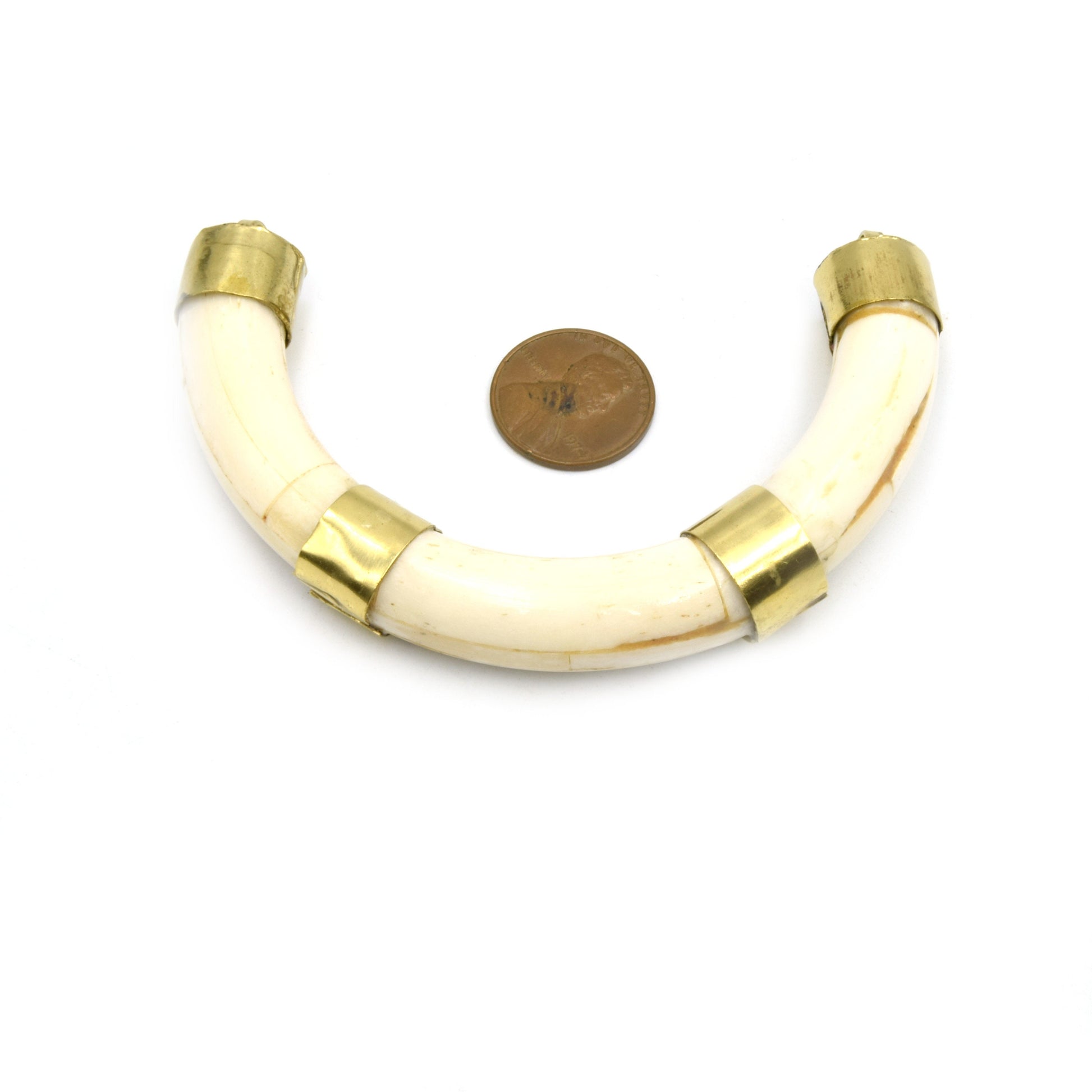 Rounded Crescent Pendant | Ox Bone U- Shaped Crescent Pendant With Gold Capped Bail | Horn Focal Pendant | White And Brown Crescent