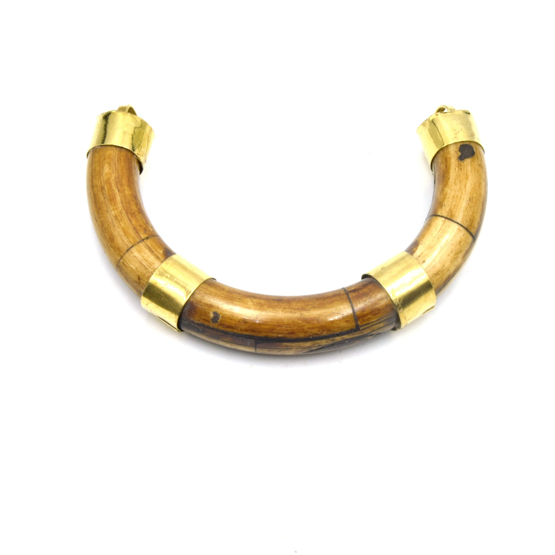 Rounded Crescent Pendant | Ox Bone U- Shaped Crescent Pendant With Gold Capped Bail | Horn Focal Pendant | White And Brown Crescent