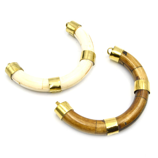Rounded Crescent Pendant | Ox Bone U- Shaped Crescent Pendant With Gold Capped Bail | Horn Focal Pendant | White And Brown Crescent