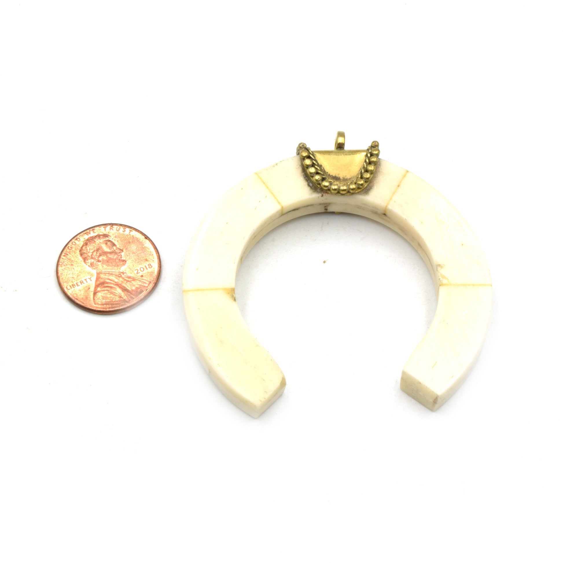 Bone Pendant | Flat Edged White Crescent Pendant With Dotted Saddle Style Gold Bail | 2.25 and 3.25 Inch  | Ox Bone Focal Pendant