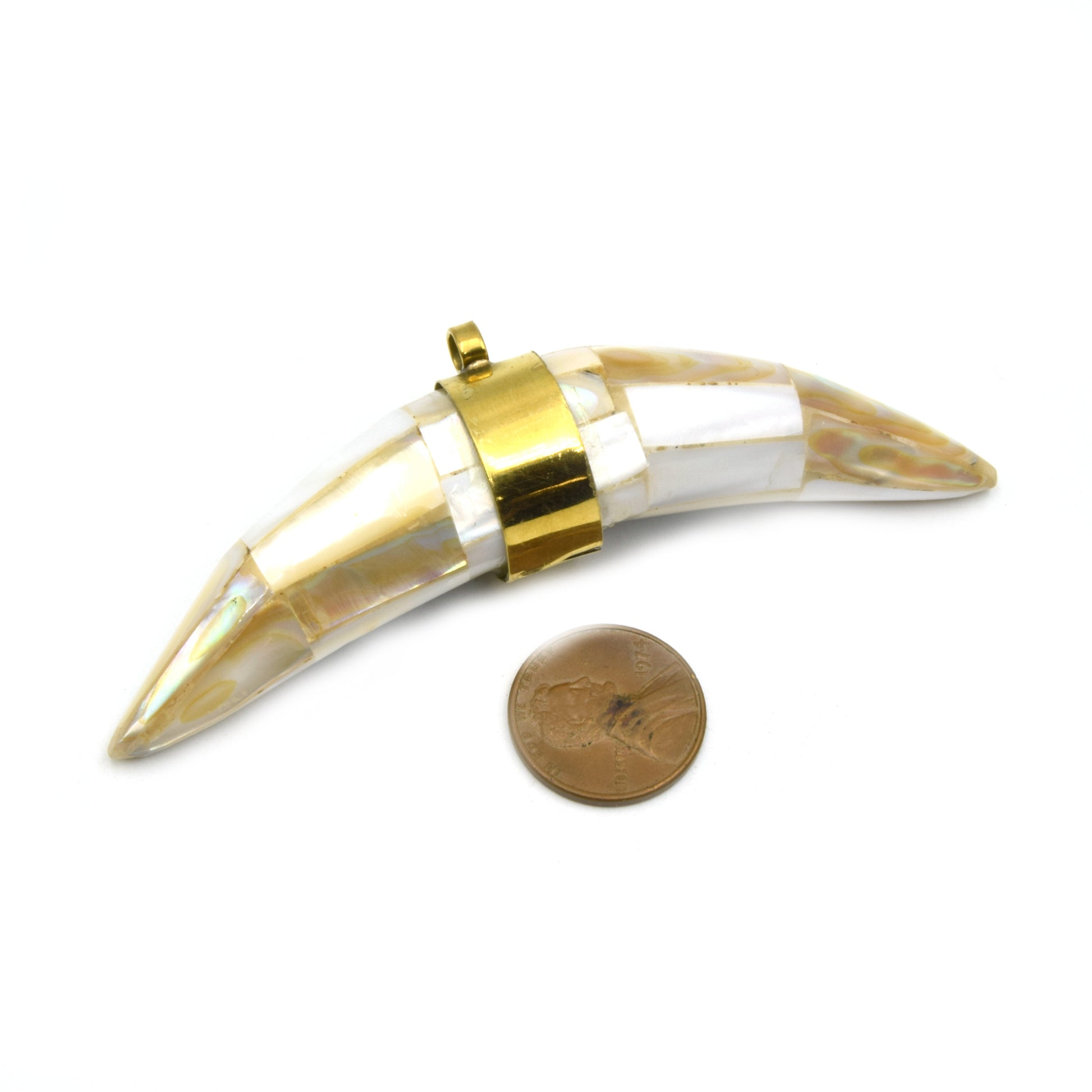 Abalone Banana Crescent Pendant | Thick Tusk Crescent Pendant | Abalone Shell Focal Pendant | White  Gray Rainbow Crescent | Plain Gold Bail
