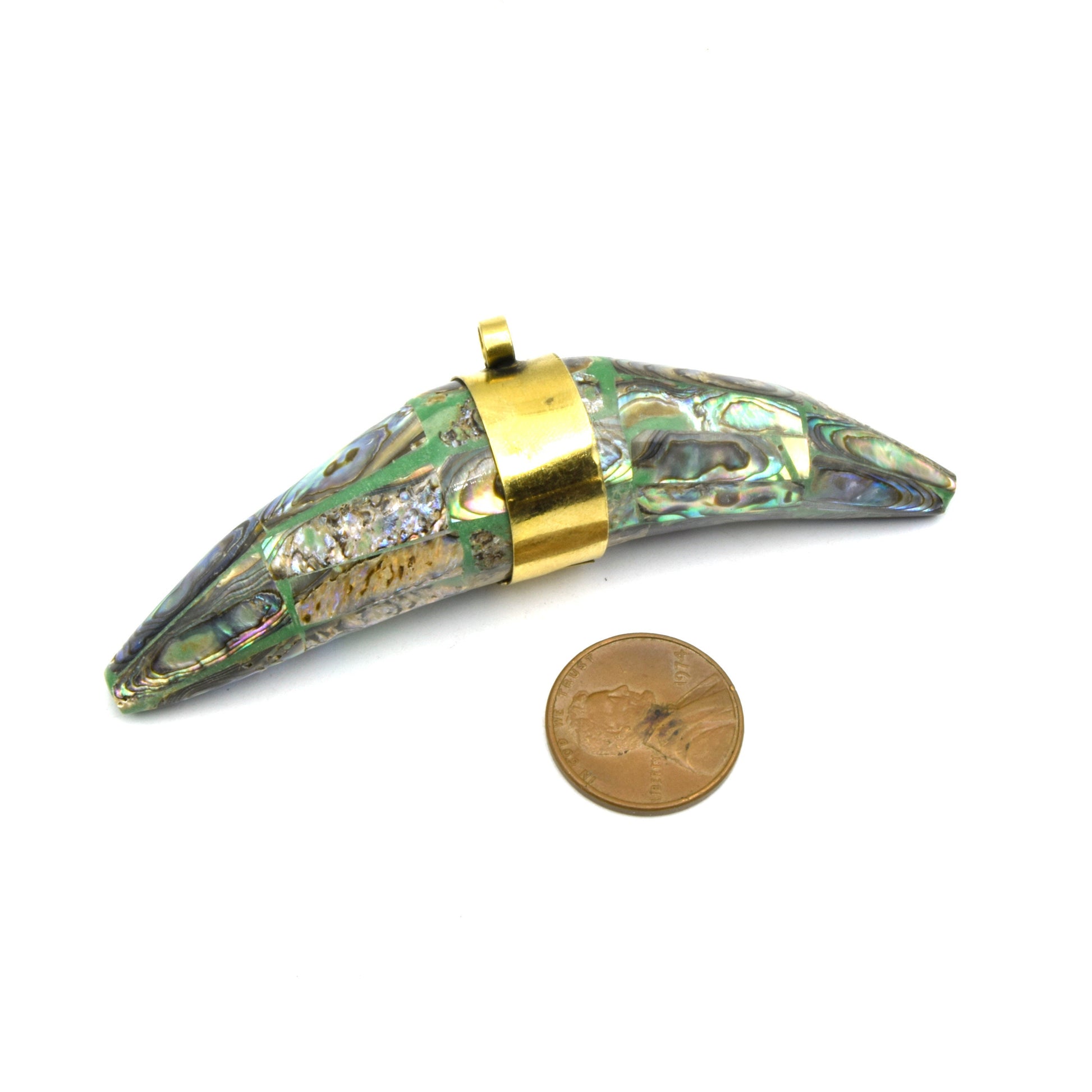 Abalone Banana Crescent Pendant | Thick Tusk Crescent Pendant | Abalone Shell Focal Pendant | White  Gray Rainbow Crescent | Plain Gold Bail