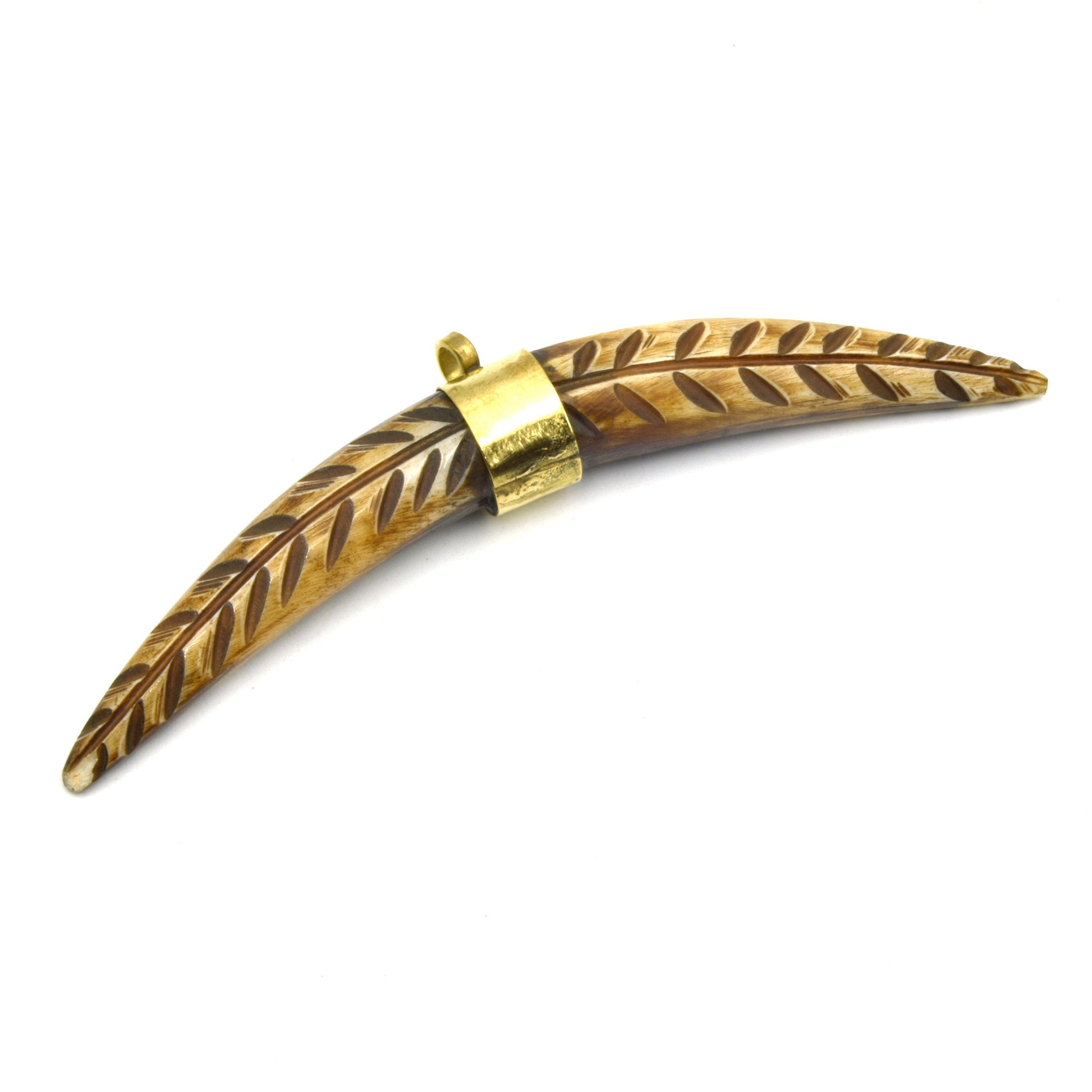 Carved Banana Crescent Pendant | Carved Skinny Tusk Pendant | Brown Ox Bone Focal Pendant | Plain Gold Bail Horn Pendant