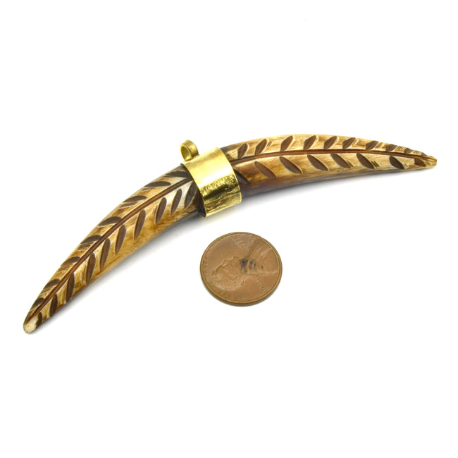 Carved Banana Crescent Pendant | Carved Skinny Tusk Pendant | Brown Ox Bone Focal Pendant | Plain Gold Bail Horn Pendant