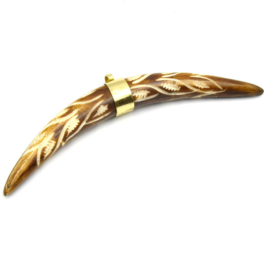 Carved Banana Crescent Pendant | Carved Skinny Tusk Pendant | Brown Ox Bone Focal Pendant | Plain Gold Bail Horn Pendant