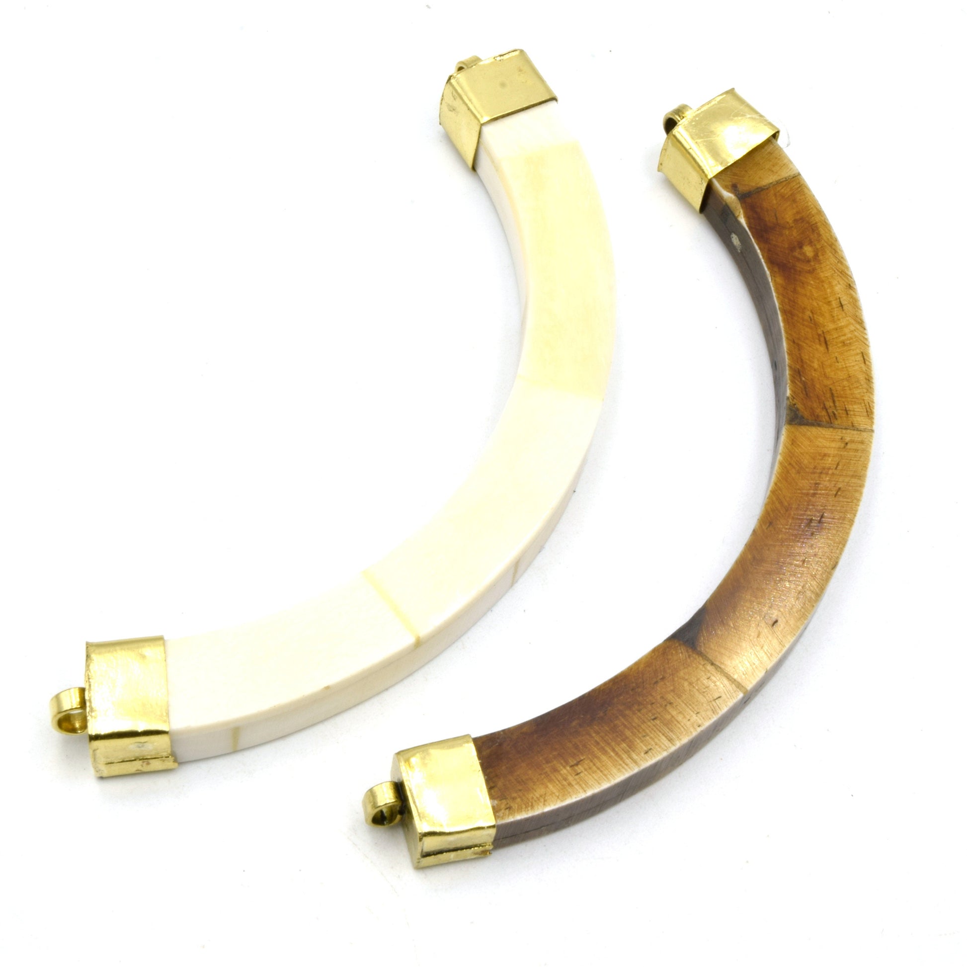 Curved Crescent Pendant | Ox Bone Flat Edged Focal Pendant | Horn Pendant | Double Gold Bail Pendant | White Crescent Brown Crescent