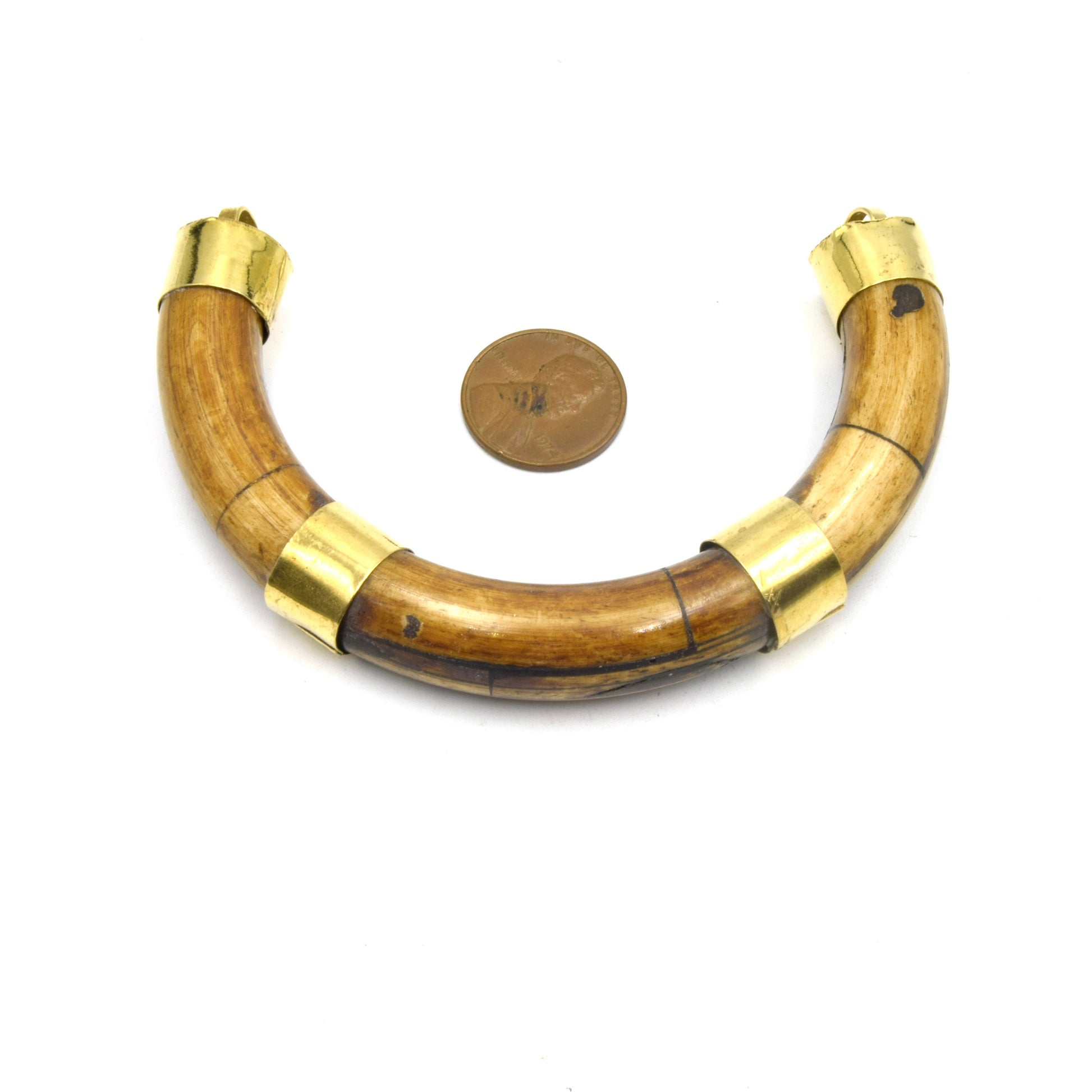 Rounded Crescent Pendant | Ox Bone U- Shaped Crescent Pendant With Gold Capped Bail | Horn Focal Pendant | White And Brown Crescent