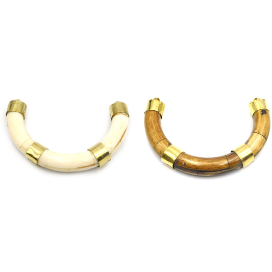 Rounded Crescent Pendant | Ox Bone U- Shaped Crescent Pendant With Gold Capped Bail | Horn Focal Pendant | White And Brown Crescent