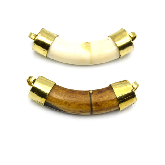 Curved Mini Crescent Pendant | Ox Bone Rounded Focal Pendant | Horn Pendant | Double Gold Bail | White Crescent Brown crescent