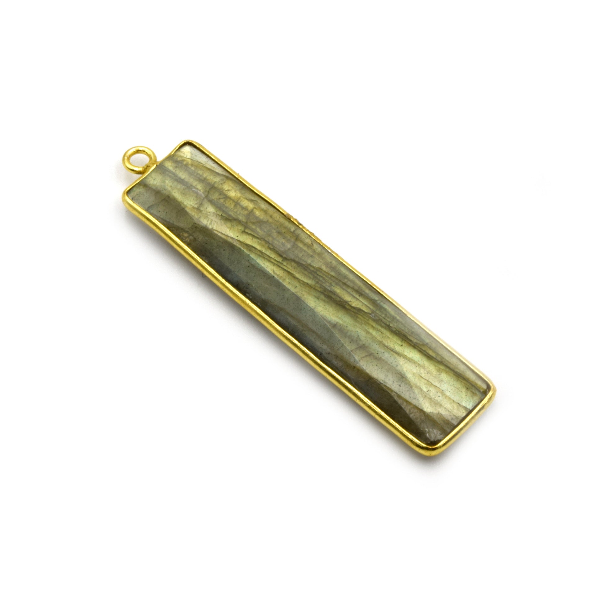Labradorite Bezel | Gold Plated Faceted Natural Rainbow Rectangle/Bar Shaped Pendant - ~ 10mm x 40mm -Sold Individually, Chosen Randomly