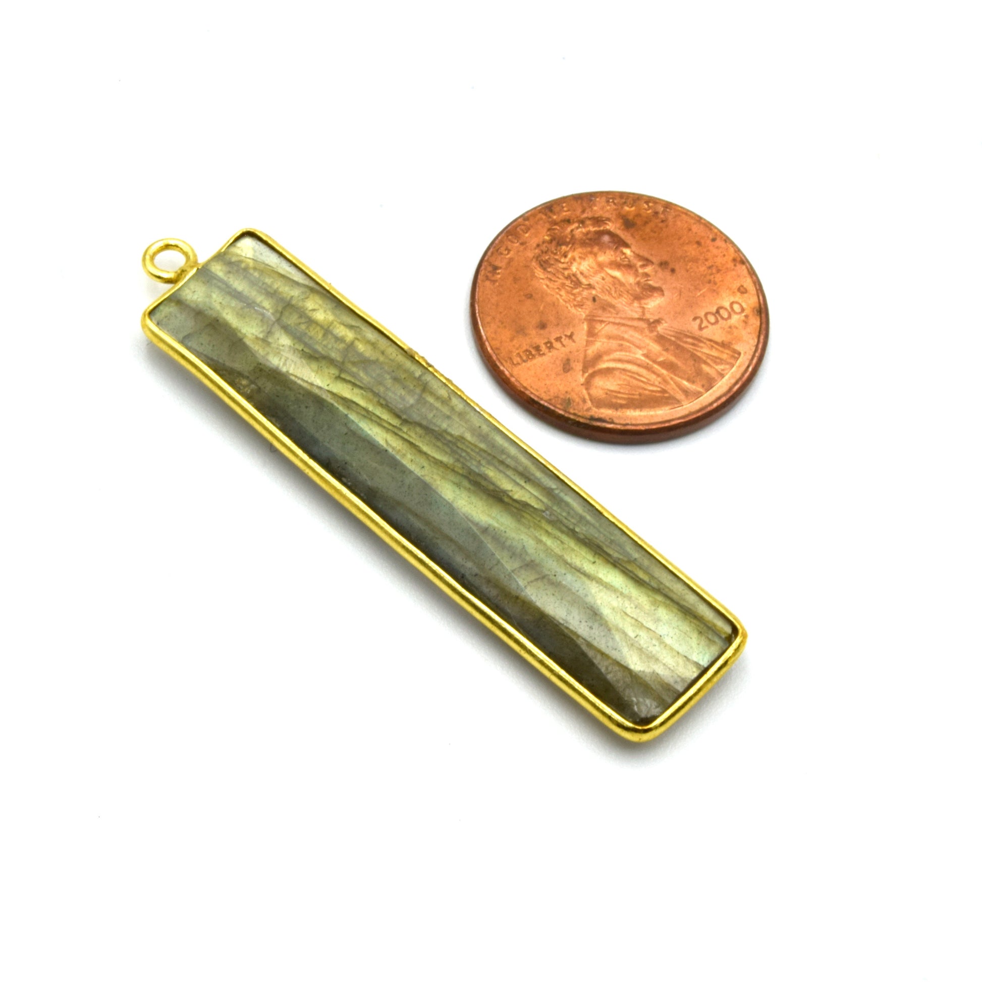 Labradorite Bezel | Gold Plated Faceted Natural Rainbow Rectangle/Bar Shaped Pendant - ~ 10mm x 40mm -Sold Individually, Chosen Randomly