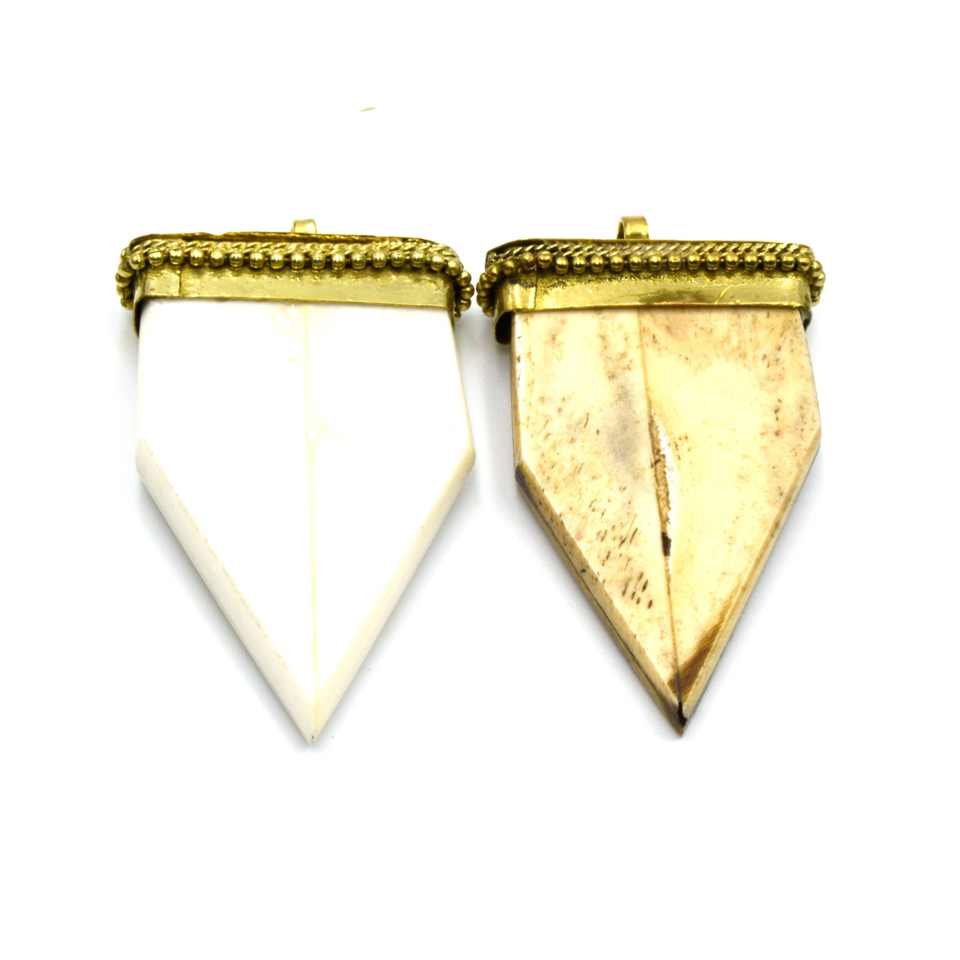 Bone Arrow Pendant | Flat Pointed Arrow Shaped Natural Ox Bone Pendant | Focal Pendant With Dotted Gold Cap | White Arrow Brown Arrow