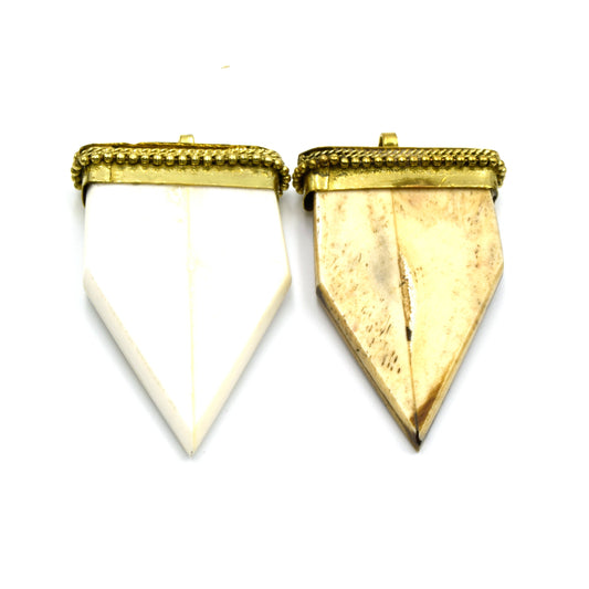 Bone Arrow Pendant | Flat Pointed Arrow Shaped Natural Ox Bone Pendant | Focal Pendant With Dotted Gold Cap | White Arrow Brown Arrow