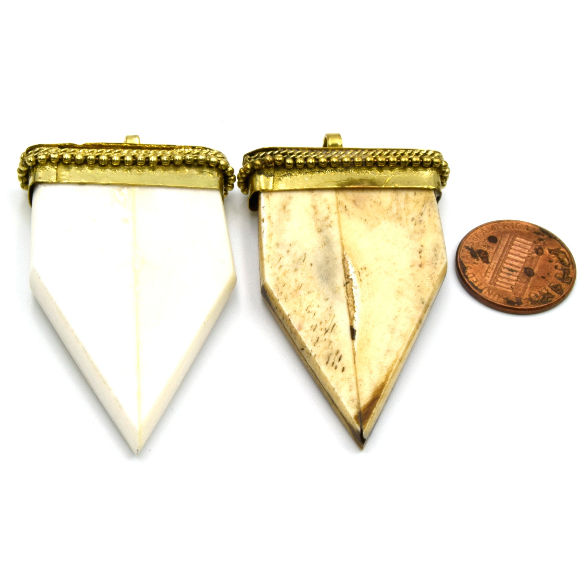 Bone Arrow Pendant | Flat Pointed Arrow Shaped Natural Ox Bone Pendant | Focal Pendant With Dotted Gold Cap | White Arrow Brown Arrow