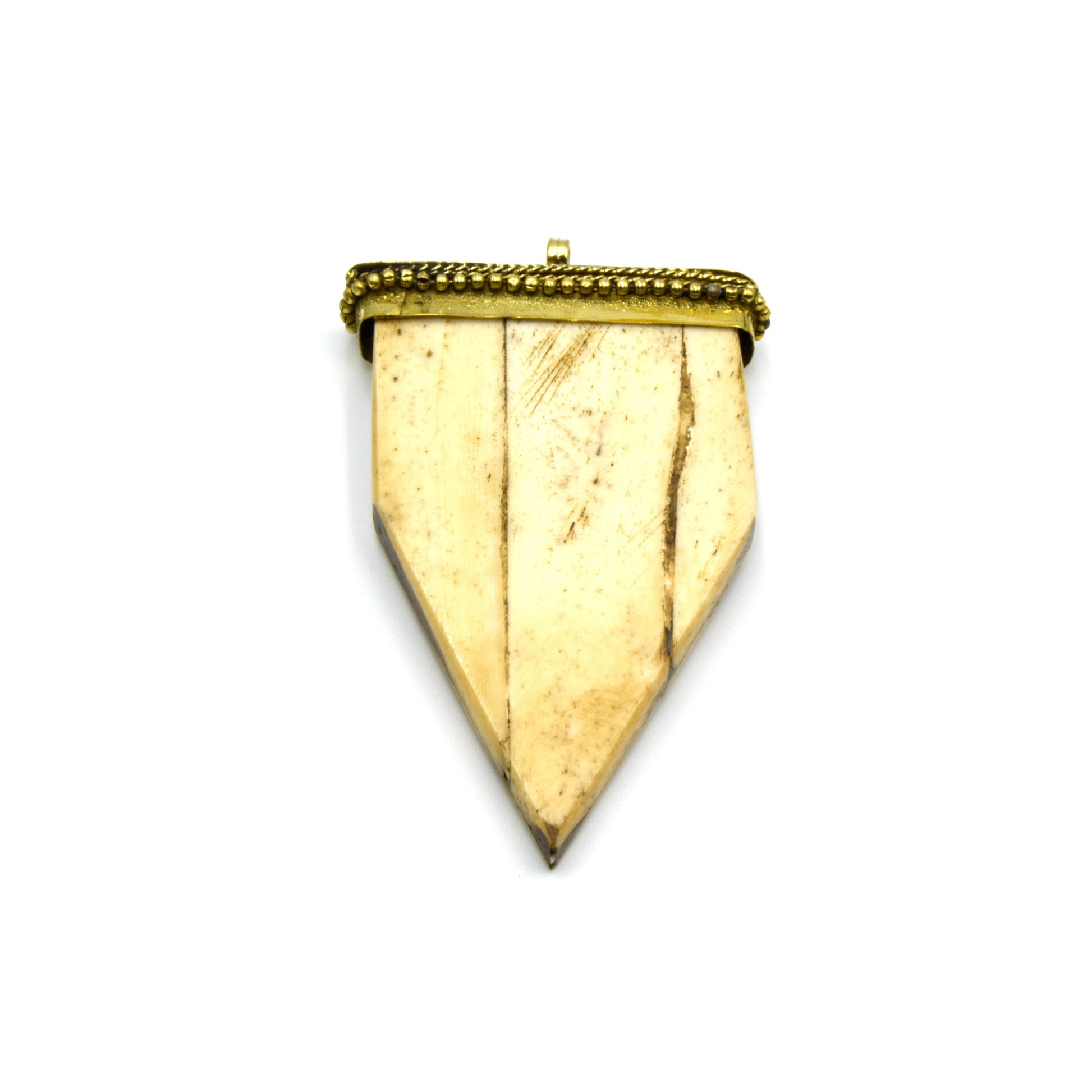 Bone Arrow Pendant | Flat Pointed Arrow Shaped Natural Ox Bone Pendant | Focal Pendant With Dotted Gold Cap | White Arrow Brown Arrow