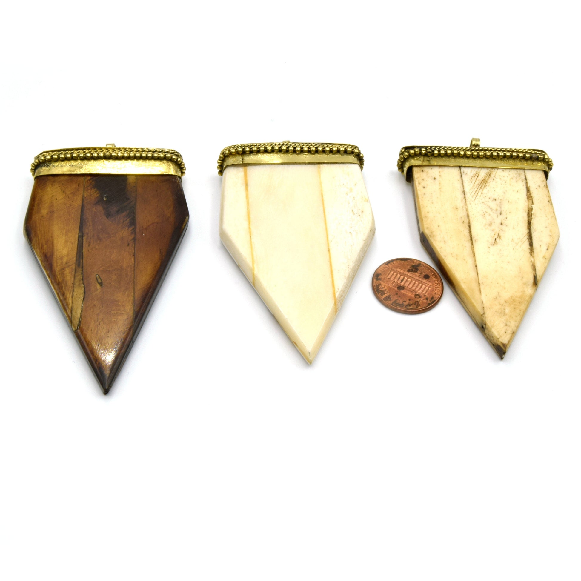 Bone Arrow Pendant | Flat Pointed Arrow Shaped Natural Ox Bone Pendant | Focal Pendant With Dotted Gold Cap | White Arrow Brown Arrow