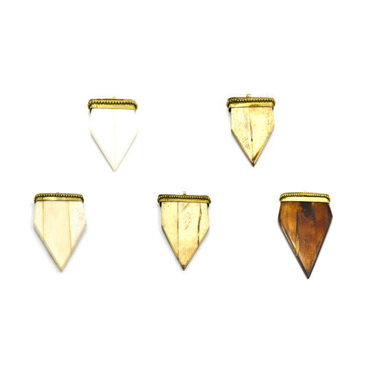 Bone Arrow Pendant | Flat Pointed Arrow Shaped Natural Ox Bone Pendant | Focal Pendant With Dotted Gold Cap | White Arrow Brown Arrow
