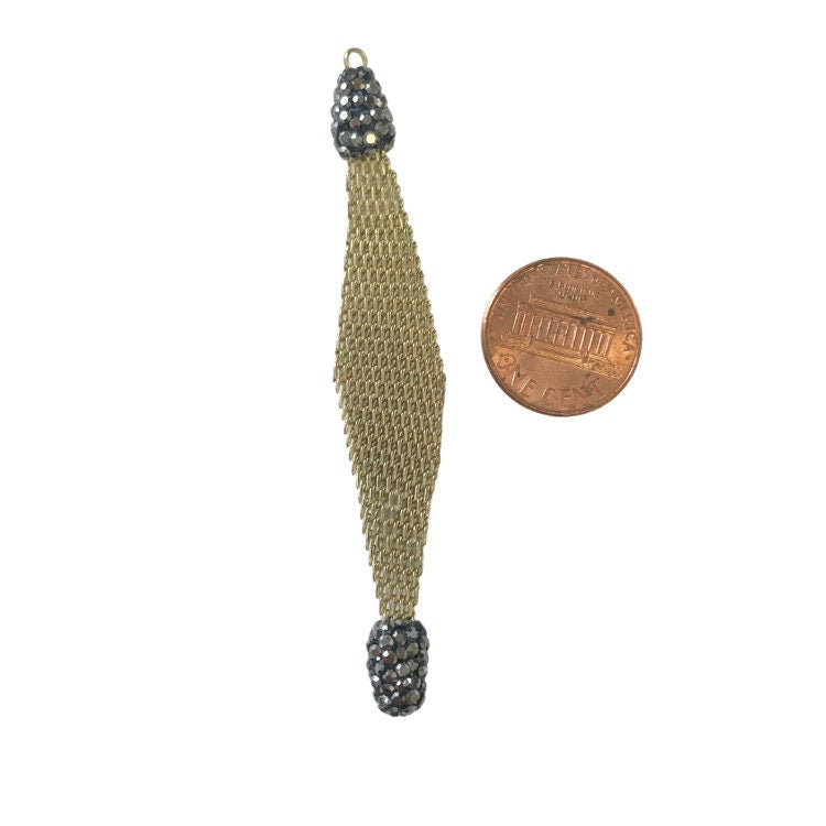 3.25" Pave Rhinestone Encrusted Gold Mesh Diamond Shape Pendant W Gray/Gunmetal Rhinestones - Measuring 12mm x 80mm, Approx. Sold Per Each