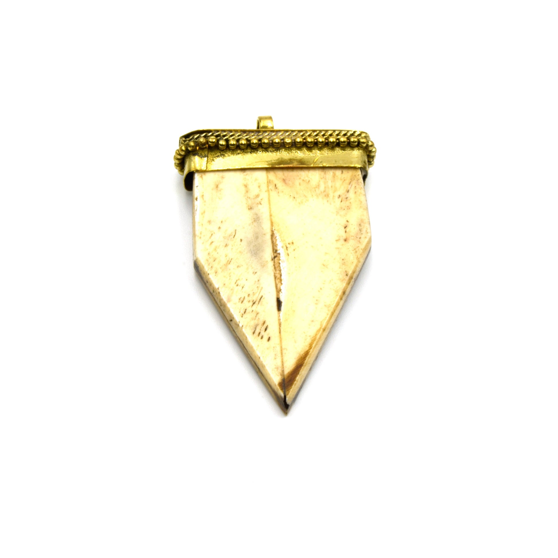 Bone Arrow Pendant | Flat Pointed Arrow Shaped Natural Ox Bone Pendant | Focal Pendant With Dotted Gold Cap | White Arrow Brown Arrow