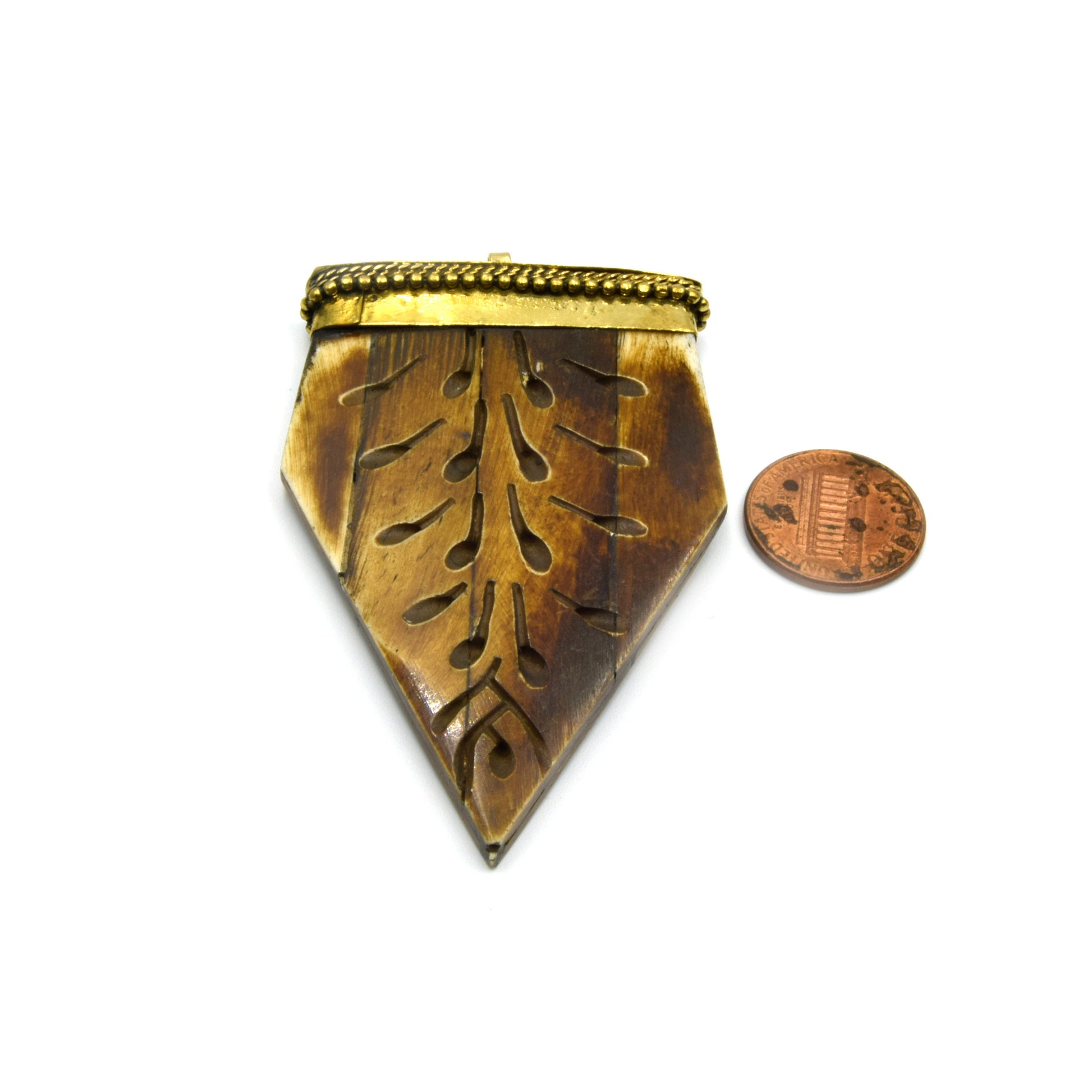 Carved Bone Arrow Pendant | 3" Ox Bone Arrow Shaped Focal Pendant With Dotted Gold Cap | Horn Pendant | White Arrow Brown Arrow