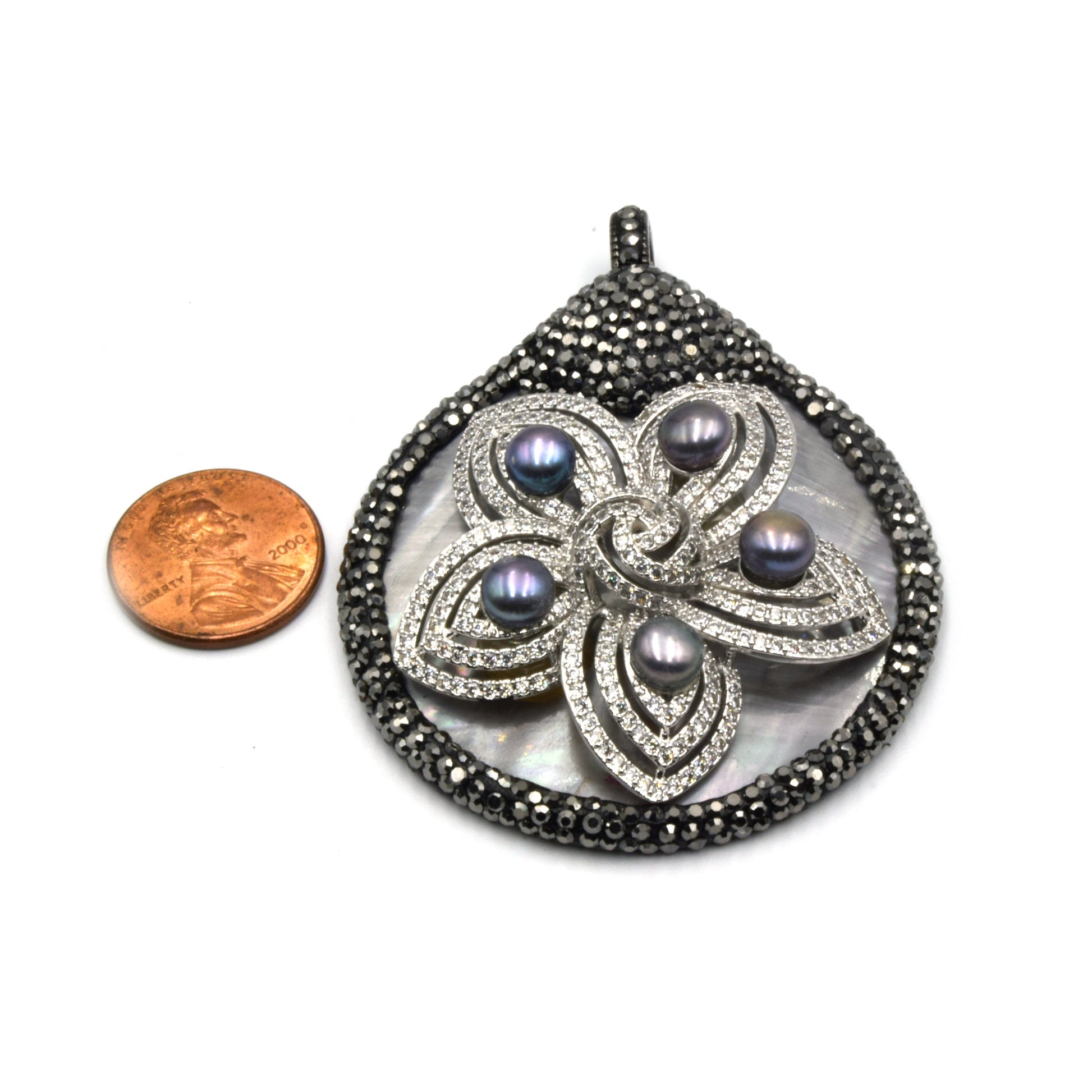 Rhinestone Abalone CZ Focal Pendant with Peacock Pearls | Pave Rhinestone Pendant | Abalone Pendant | Pearl Floral Pendant | Focal Pendant