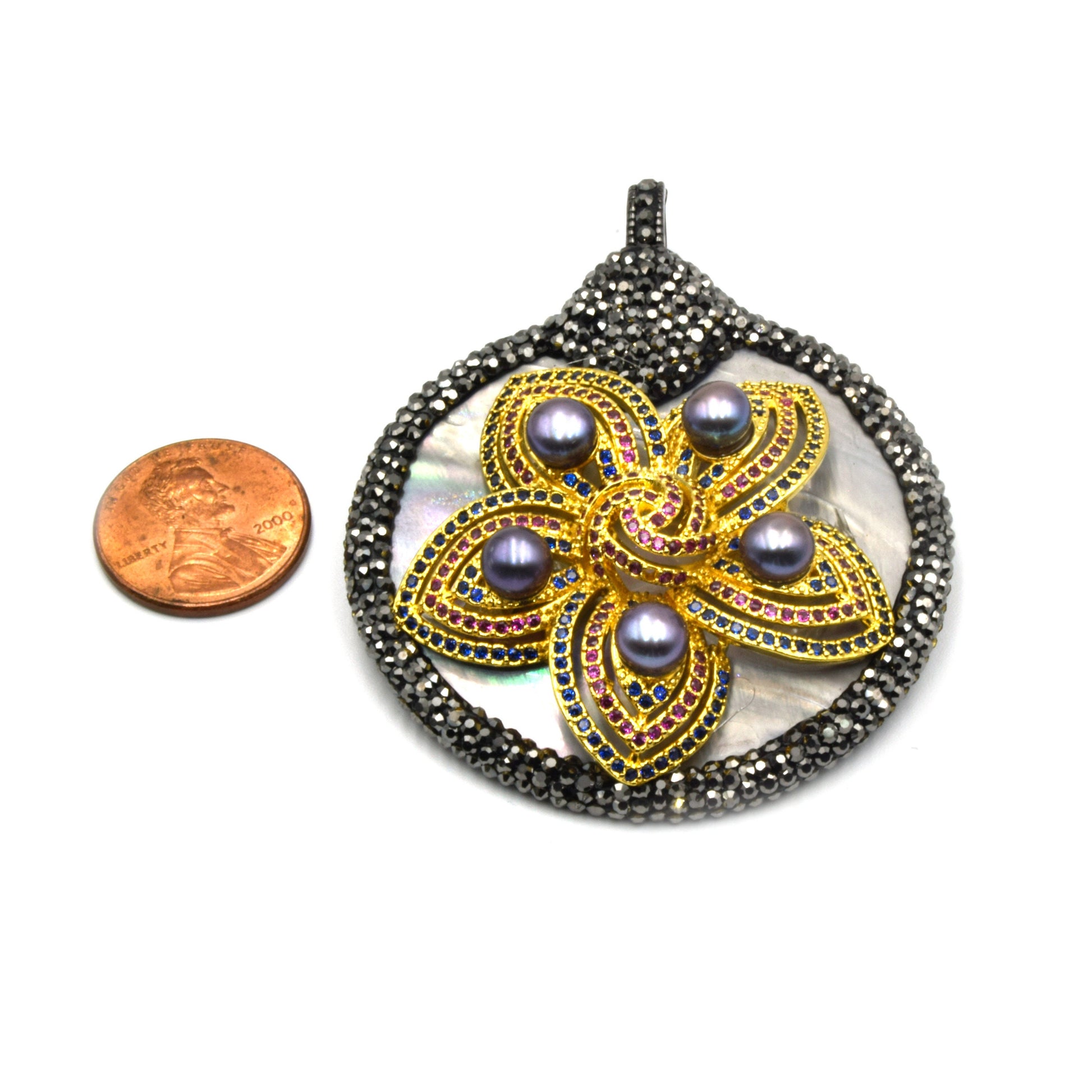 Rhinestone Abalone CZ Focal Pendant with Peacock Pearls | Pave Rhinestone Pendant | Abalone Pendant | Pearl Floral Pendant | Focal Pendant